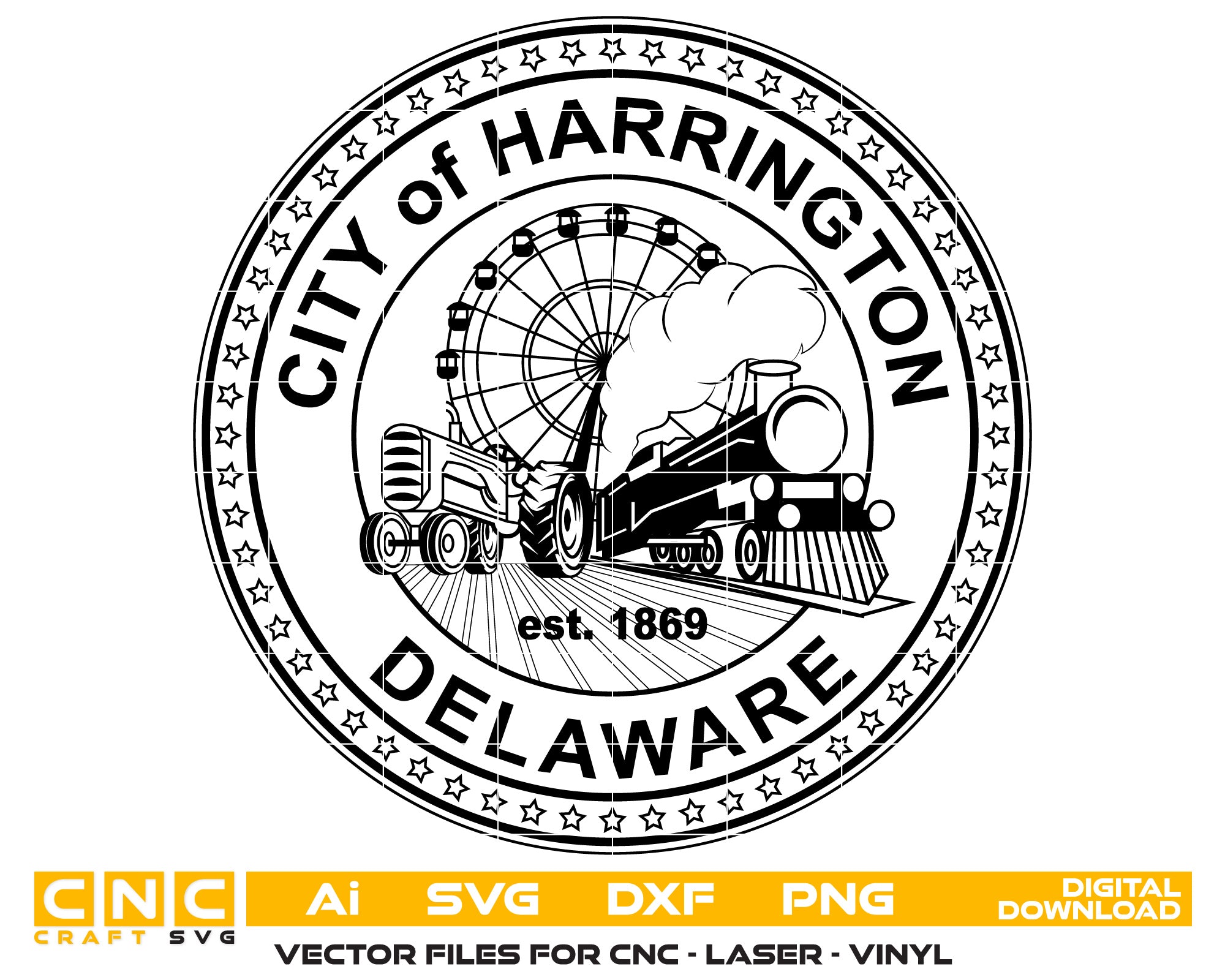 State of Delaware City of Harrington Seal Vector Art, Ai,SVG, DXF, PNG, Digital Files