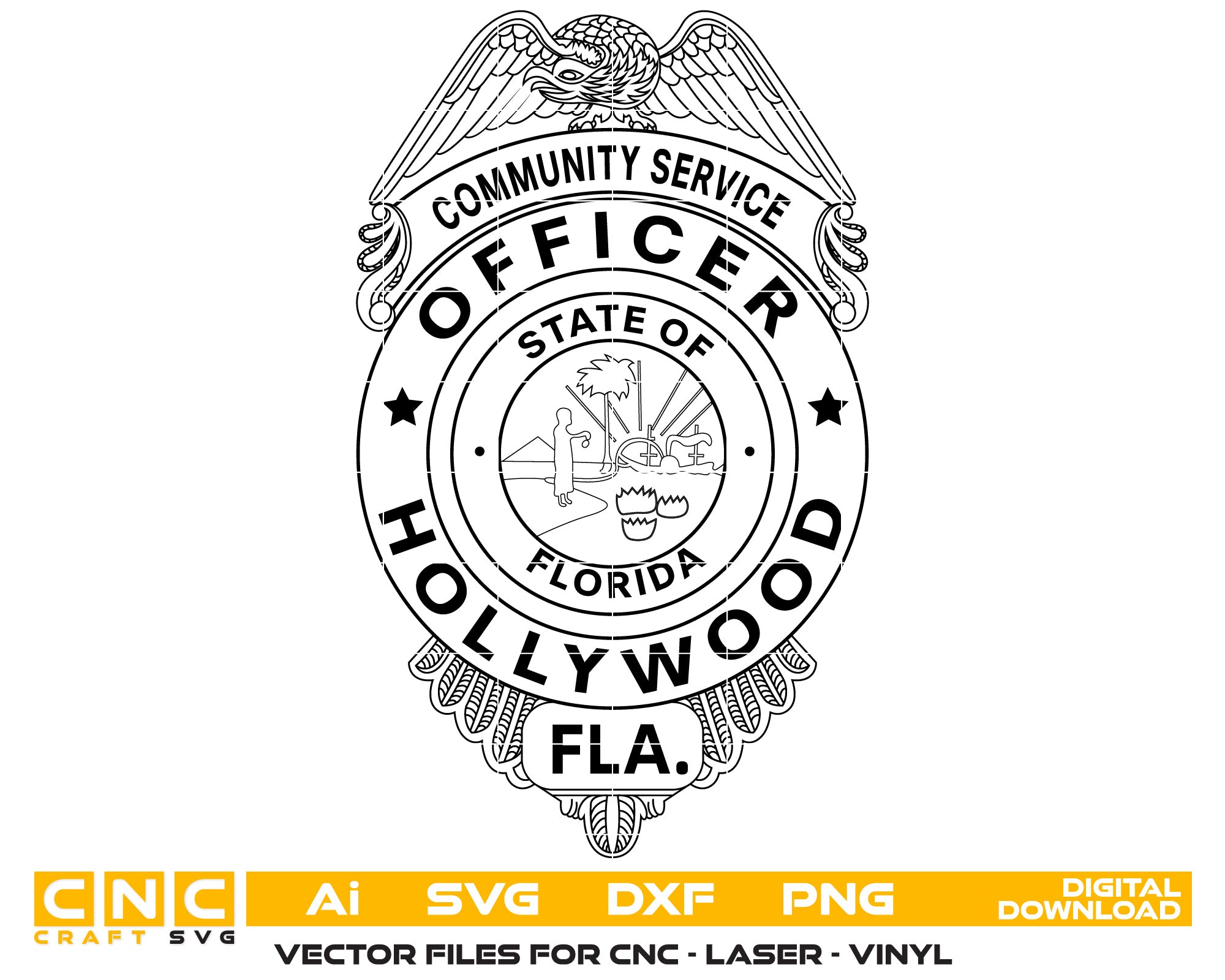 State of Florida Community Service Hollywood Officer Badge Vector Art, Ai,SVG, DXF, PNG, Digital Files