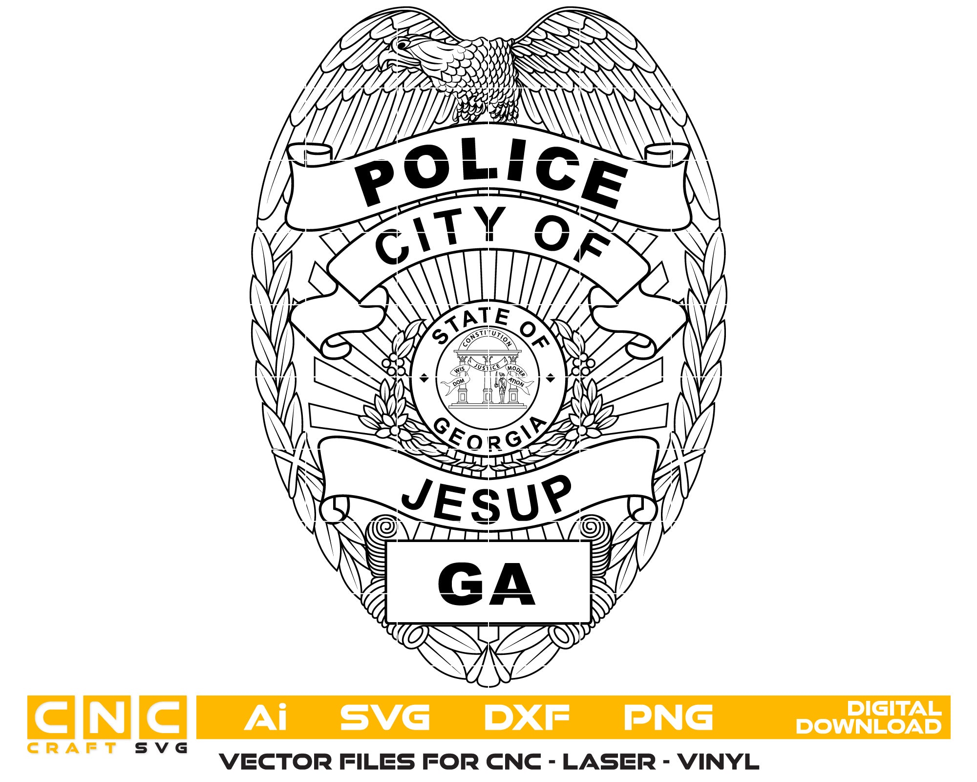 State of Georgia City of Jesup Police Badge Vector Art, Ai,SVG, DXF, PNG, Digital Files