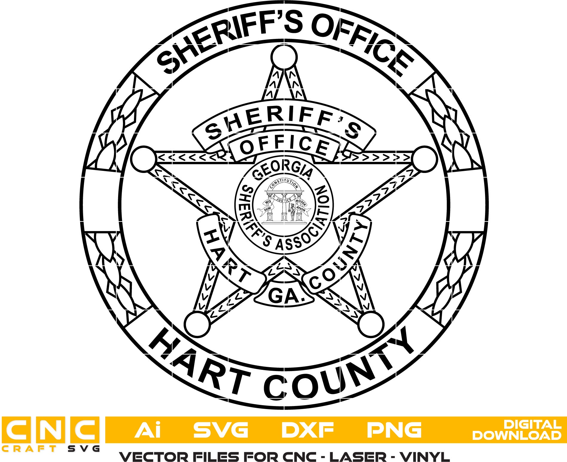 State of Georgia Hart County Sheriff Badge Vector Art, Ai,SVG, DXF, PNG, Digital Files for Laser Engraving, Woodworking, Printing, CNC Router, Cricut, Ezecad etc.  &nbsp;