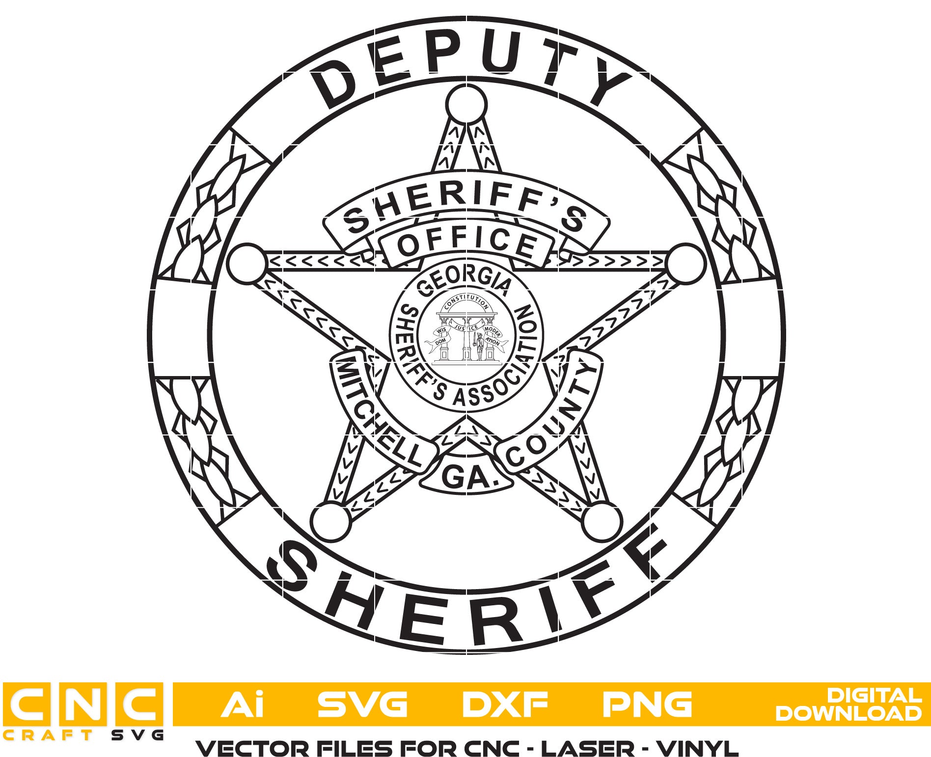 State of Georgia Mitchell County Deputy Sheriff Vector Art, Ai,SVG, DXF, PNG, Digital Files for Laser Engraving, Woodworking, Printing, CNC Router, Cricut, Ezecad etc.  &nbsp;