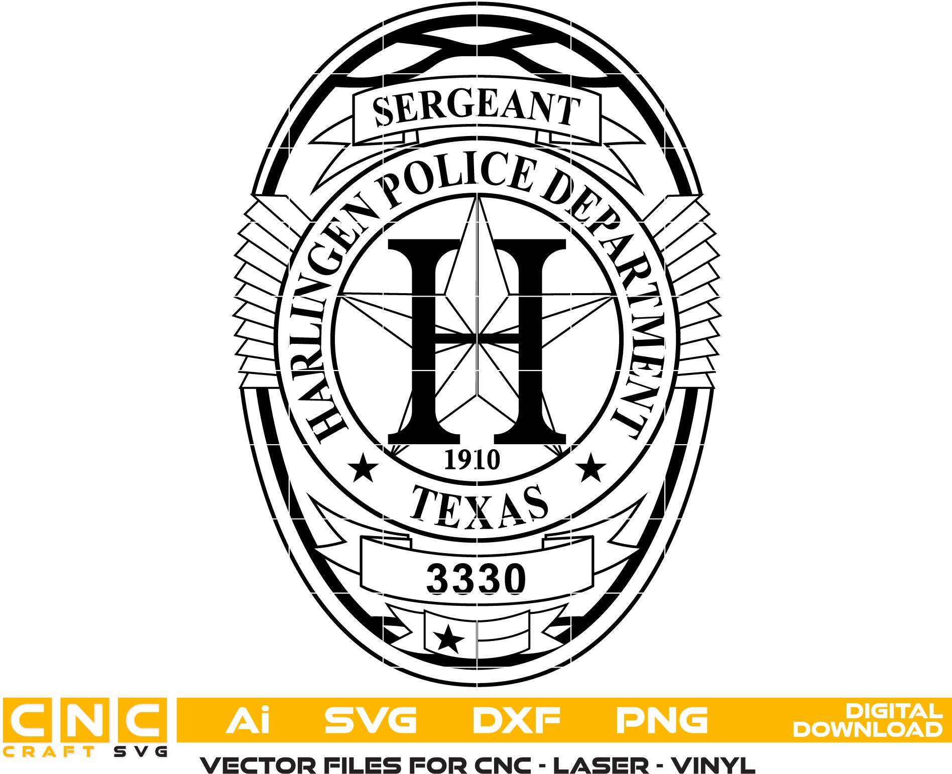 State of Texas Harlingen Police Badge Vector Art, Ai,SVG, DXF, PNG, Digital Files for Laser Engraving, Woodworking, Printing, CNC Router, Cricut, Ezecad etc.