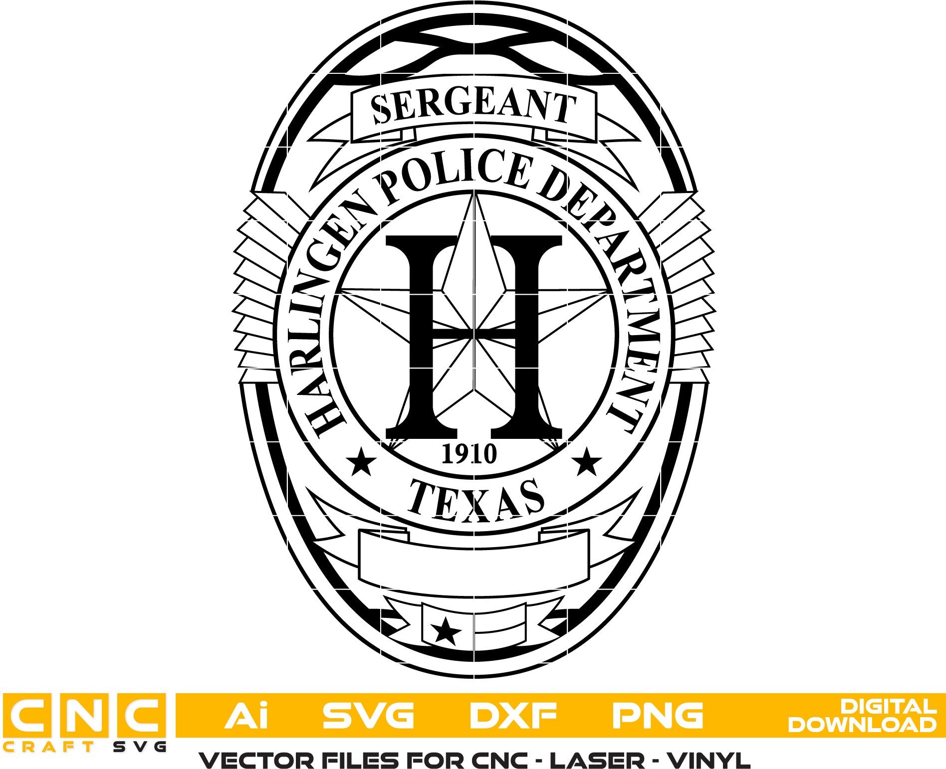 State of Texas Harlingen Police Badge Vector Art, Ai,SVG, DXF, PNG, Digital Files for Laser Engraving, Woodworking, Printing, CNC Router, Cricut, Ezecad etc.