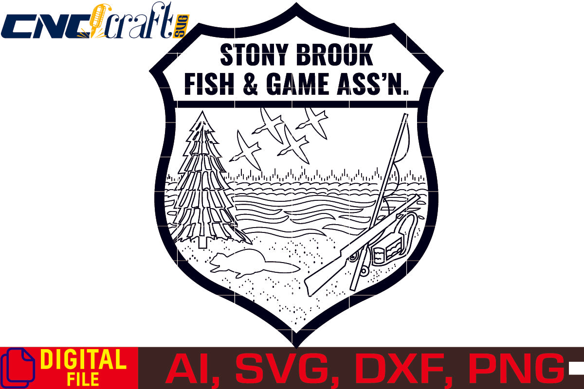 Stony Brook Fish & Game Assn vector file for Laser Engraving, Woodworking, CNC Router, vinyl, plasma, Xcarve, Vcarve, Cricut, Ezecad etc.