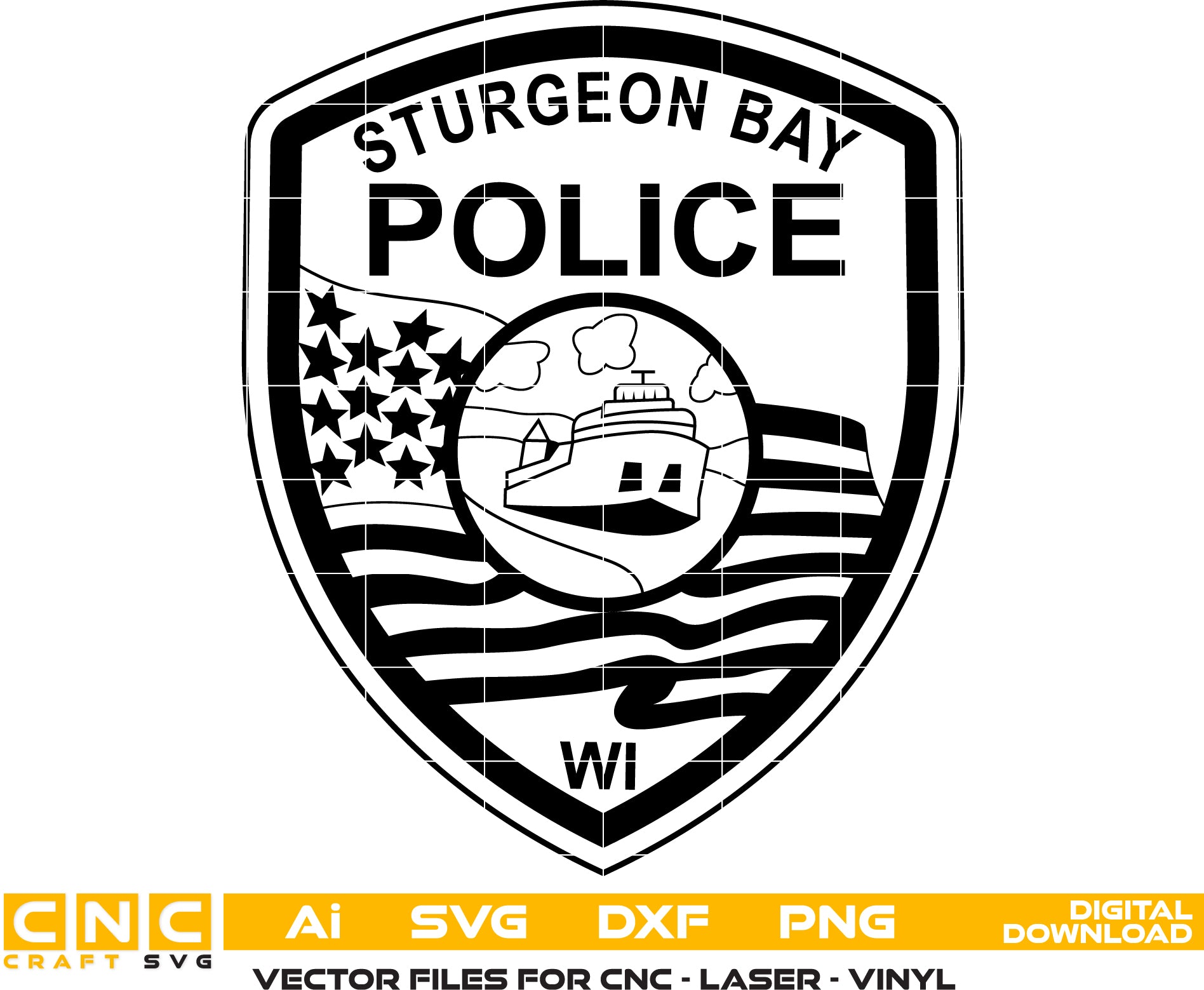 Sturgeon Bay Police Badge Vector art Svg/ Dxf/ Jpg/ Png/ and Ai files For laser engraving/ woodworking/ acrylic painting and all printing machines.