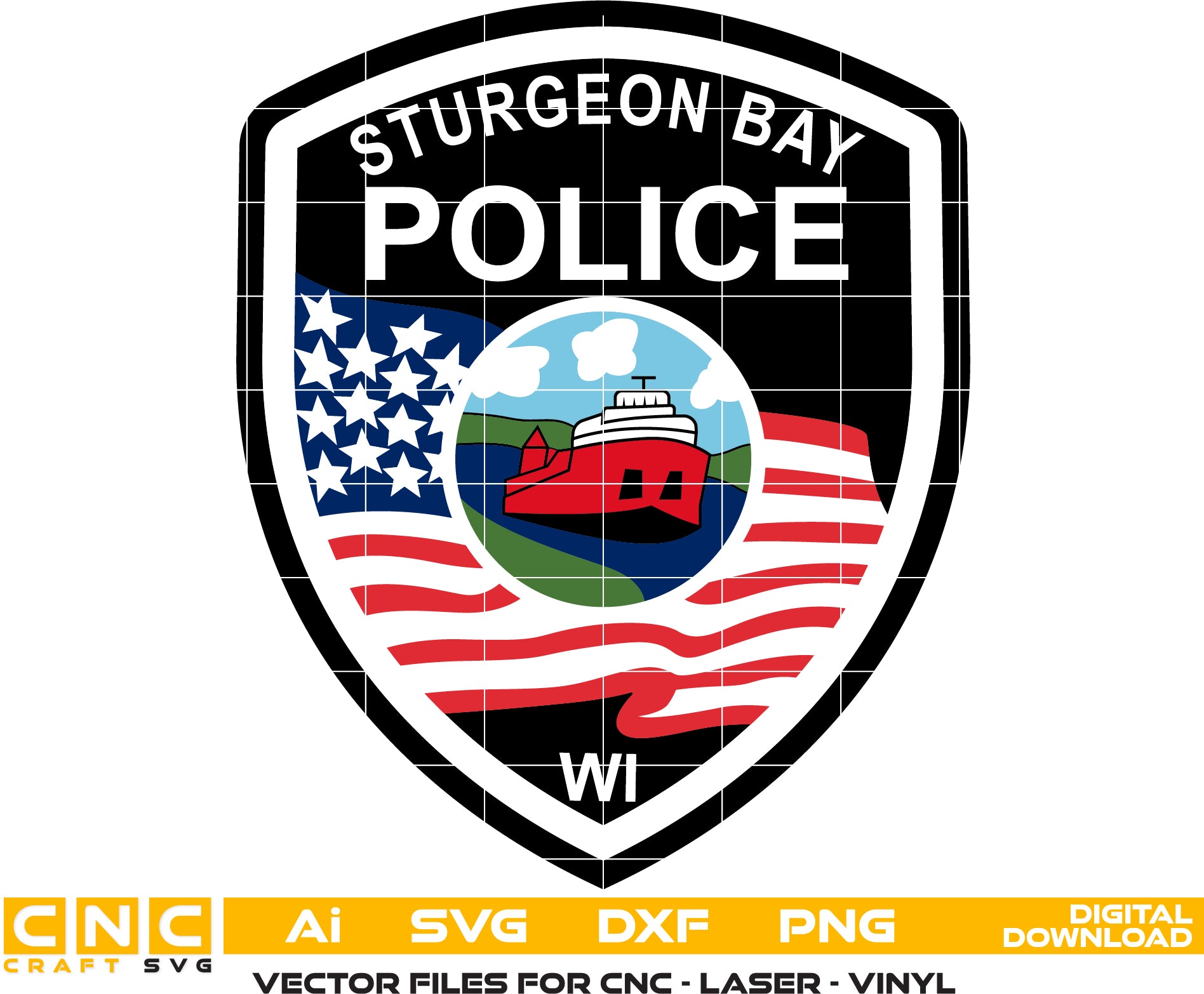 Sturgeon Bay Police Badge Colour file for high-quality printing, precise engraving, or stunning woodworking designs.