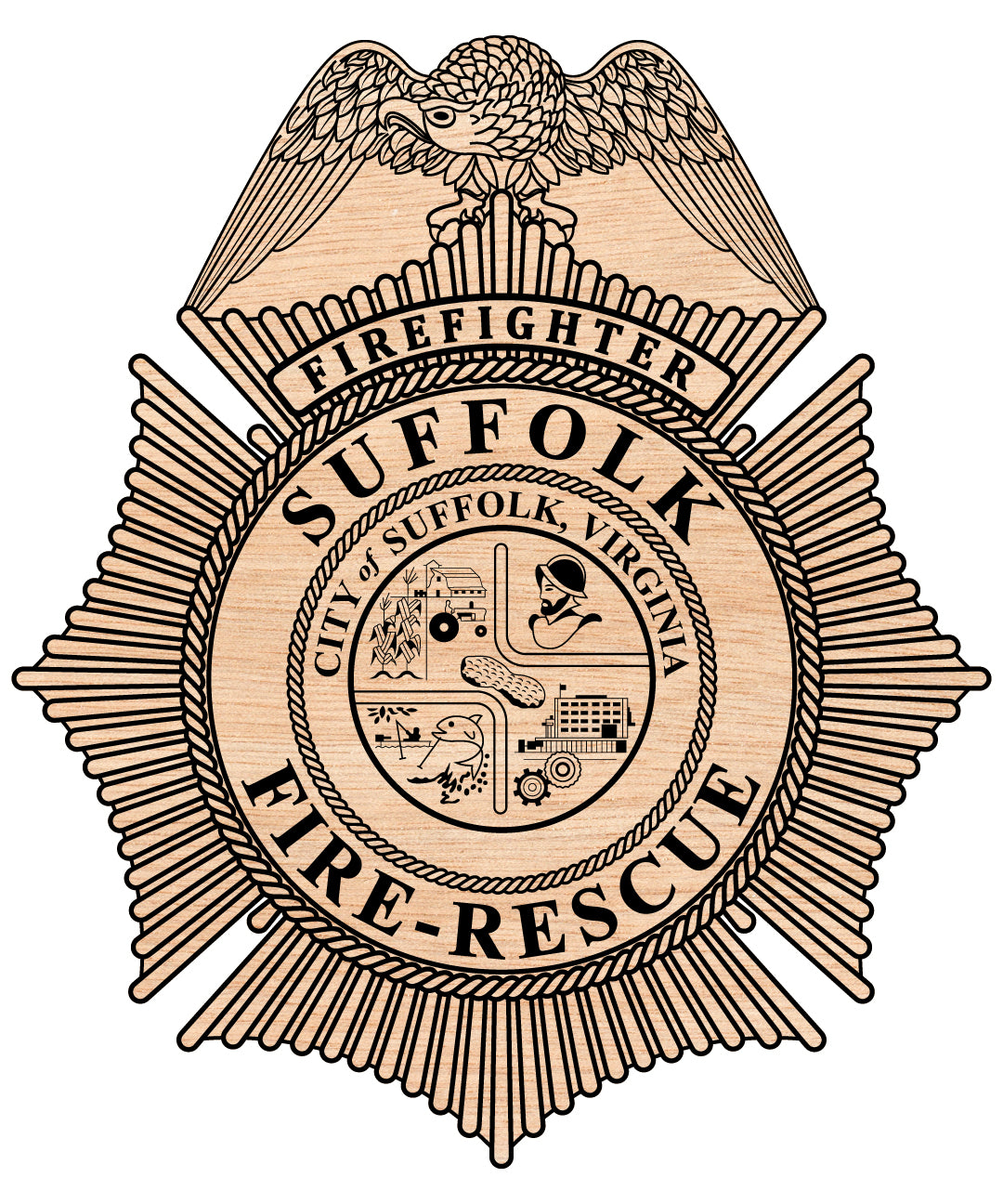Suffolk Fire Rescue Badge SVG digital download, firefighter emblem vector design for Cricut, Silhouette, CNC, engraving, and fire service crafts.