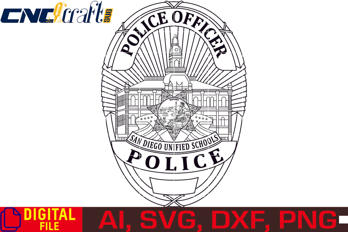 Sun Diego Unified School Police Officer Badge vector file for Laser Engraving, Woodworking, CNC Router, vinyl, plasma, Xcarve, Vcarve, Cricut, Ezecad etc.