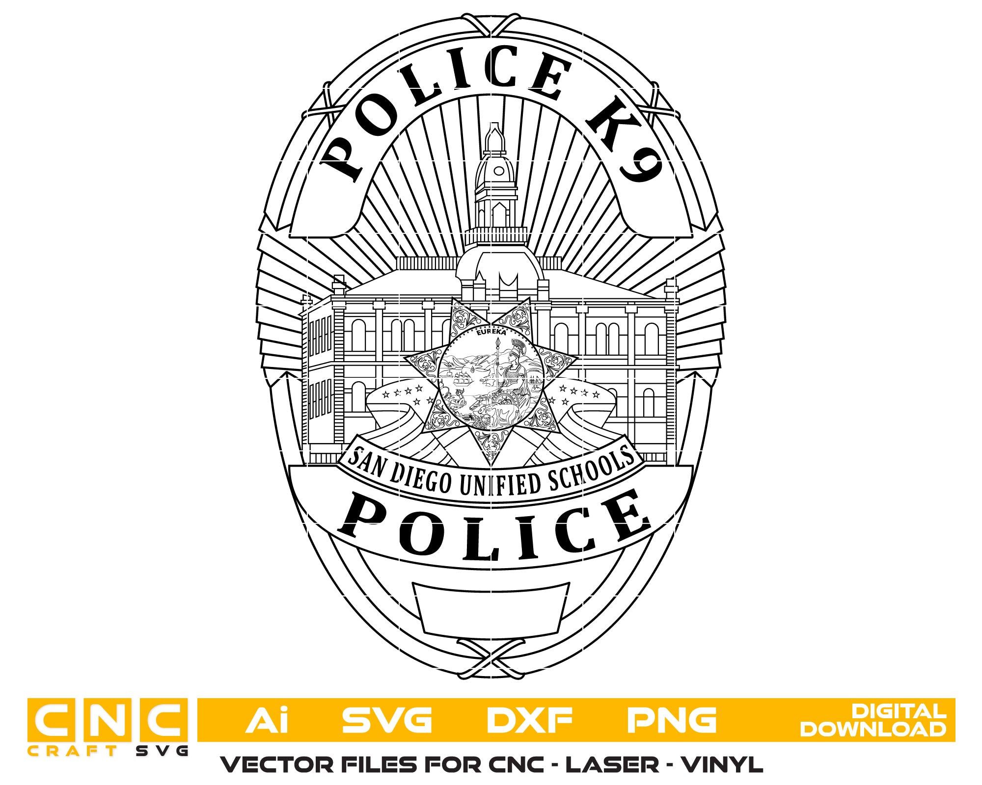 Sun Diego Unified School Police Officer Badge vector file for Laser Engraving, Woodworking, CNC Router, vinyl, plasma, Xcarve, Vcarve, Cricut, Ezecad etc.