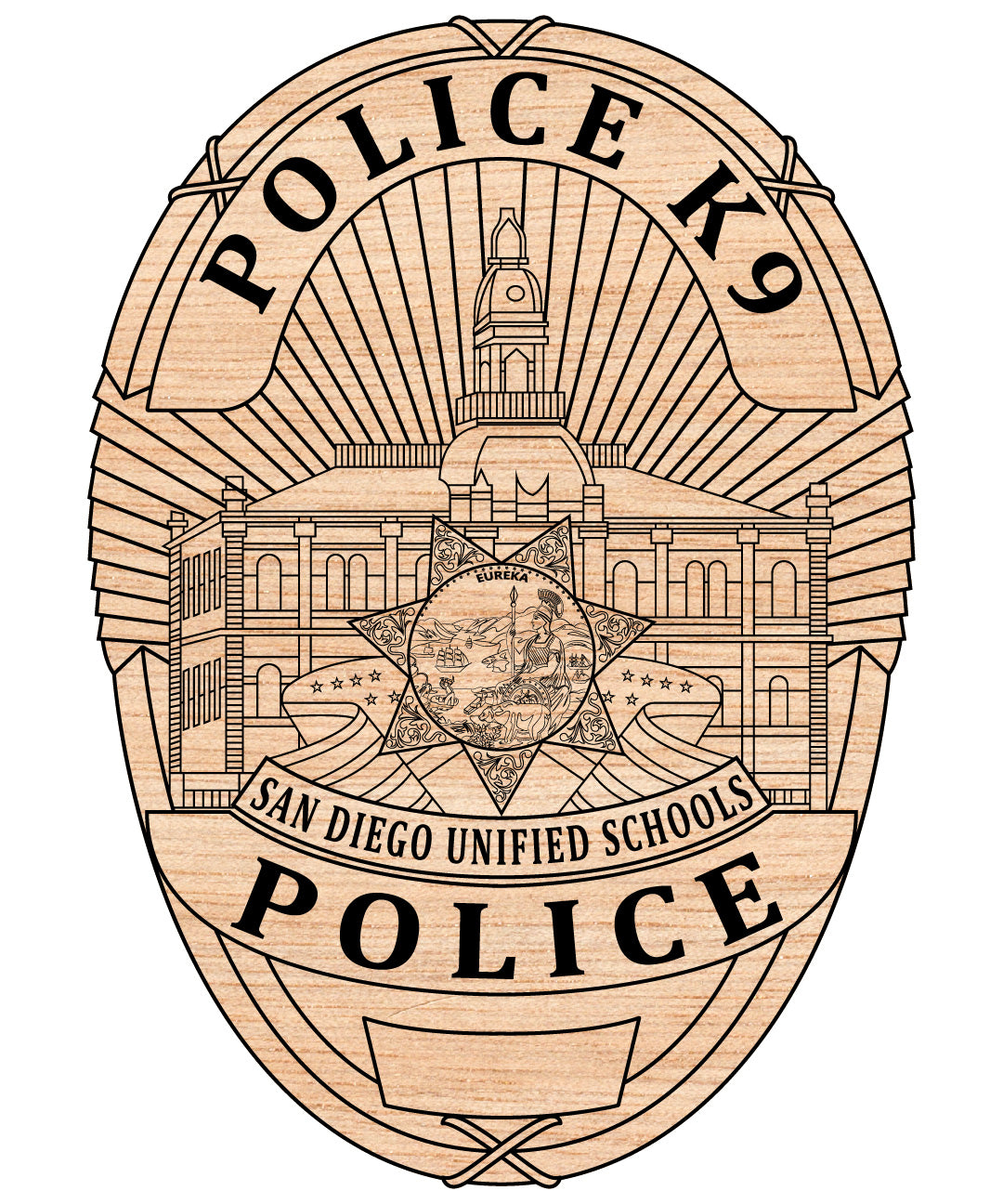 Sun Diego Unified School Police Officer Badge vector file for Laser Engraving, Woodworking, CNC Router, vinyl, plasma, Xcarve, Vcarve, Cricut, Ezecad etc.