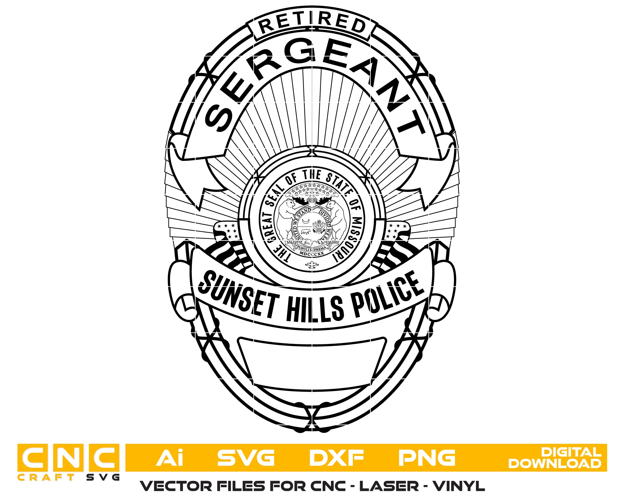Sunset Hills Retired Police Sergeant Badge SVG digital download, police sergeant emblem vector design for Cricut, Silhouette, CNC, engraving, and retirement crafts.