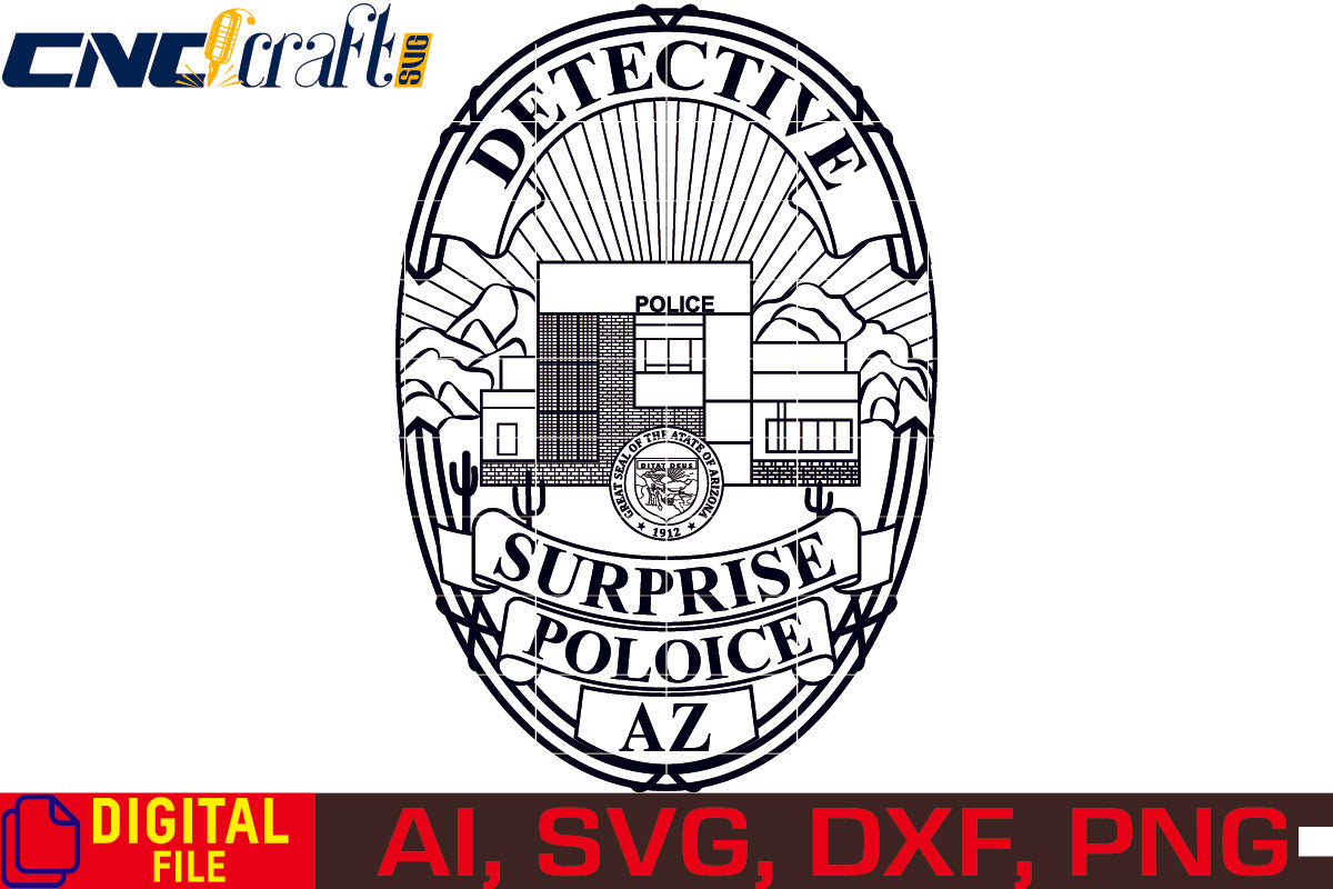 Surprise Detective Police Badge vector file for Laser Engraving, Woodworking, CNC Router, vinyl, plasma, Xcarve, Vcarve, Cricut, Ezecad etc.