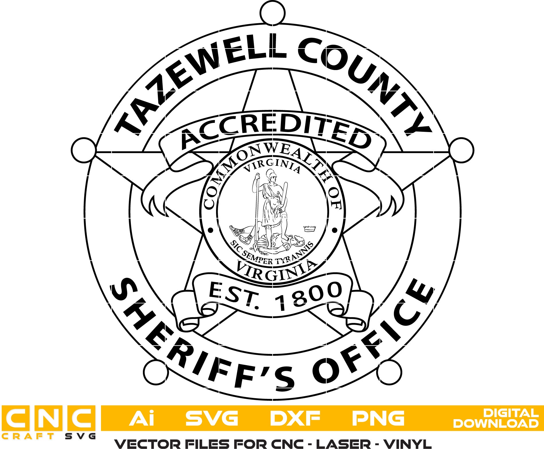 Tazewell County Sheriff Badge, Virginia Sheriff Badge Vector art Svg, Dxf, Jpg, Png, and Ai files For laser engraving, woodworking, acrylic painting, and all printing machines.