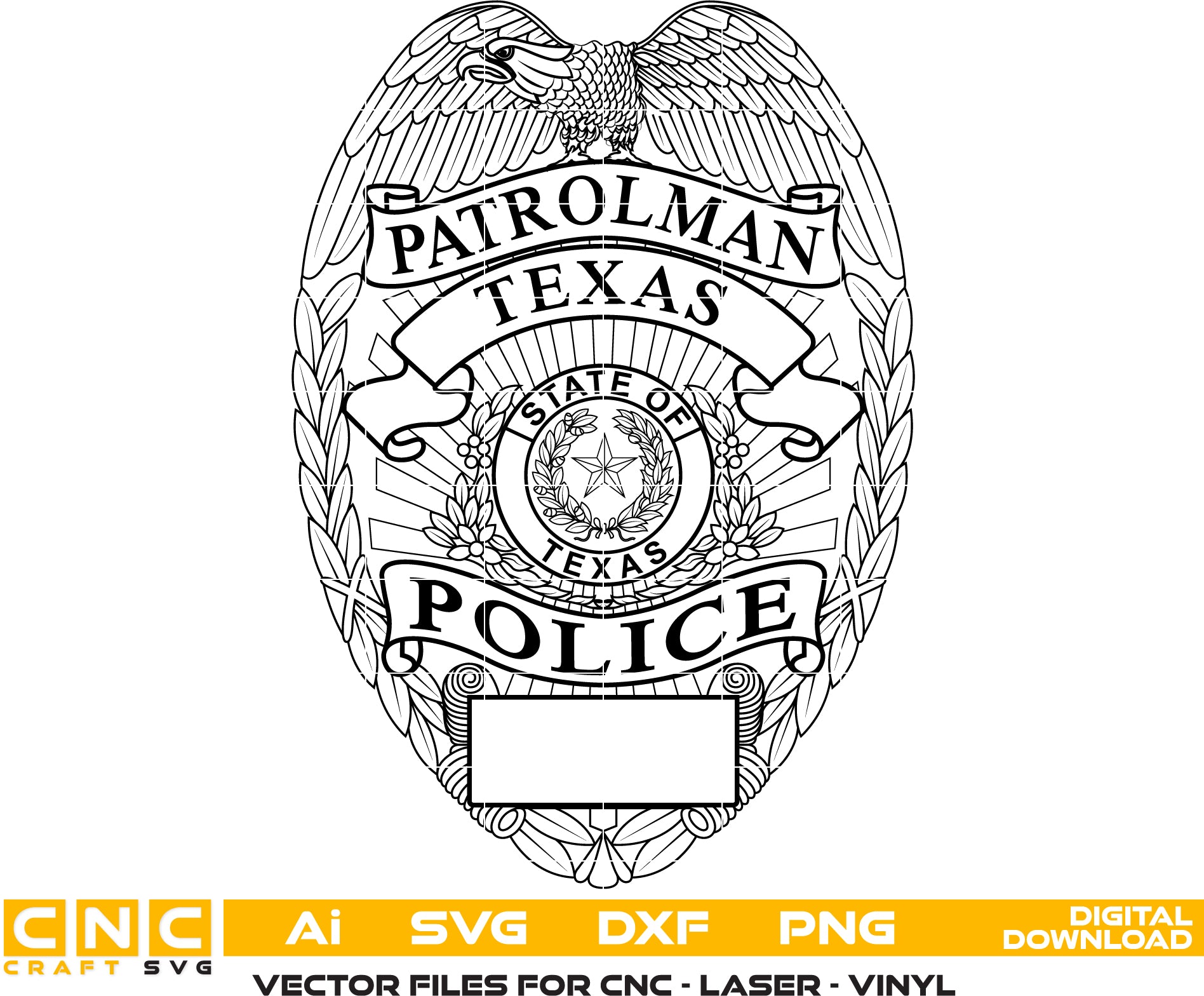 Texas Police Patrolman Badge Vector art Svg/ Dxf/ Jpg/ Png/ and Ai files For laser engraving/ woodworking/ acrylic painting and all printing machines.