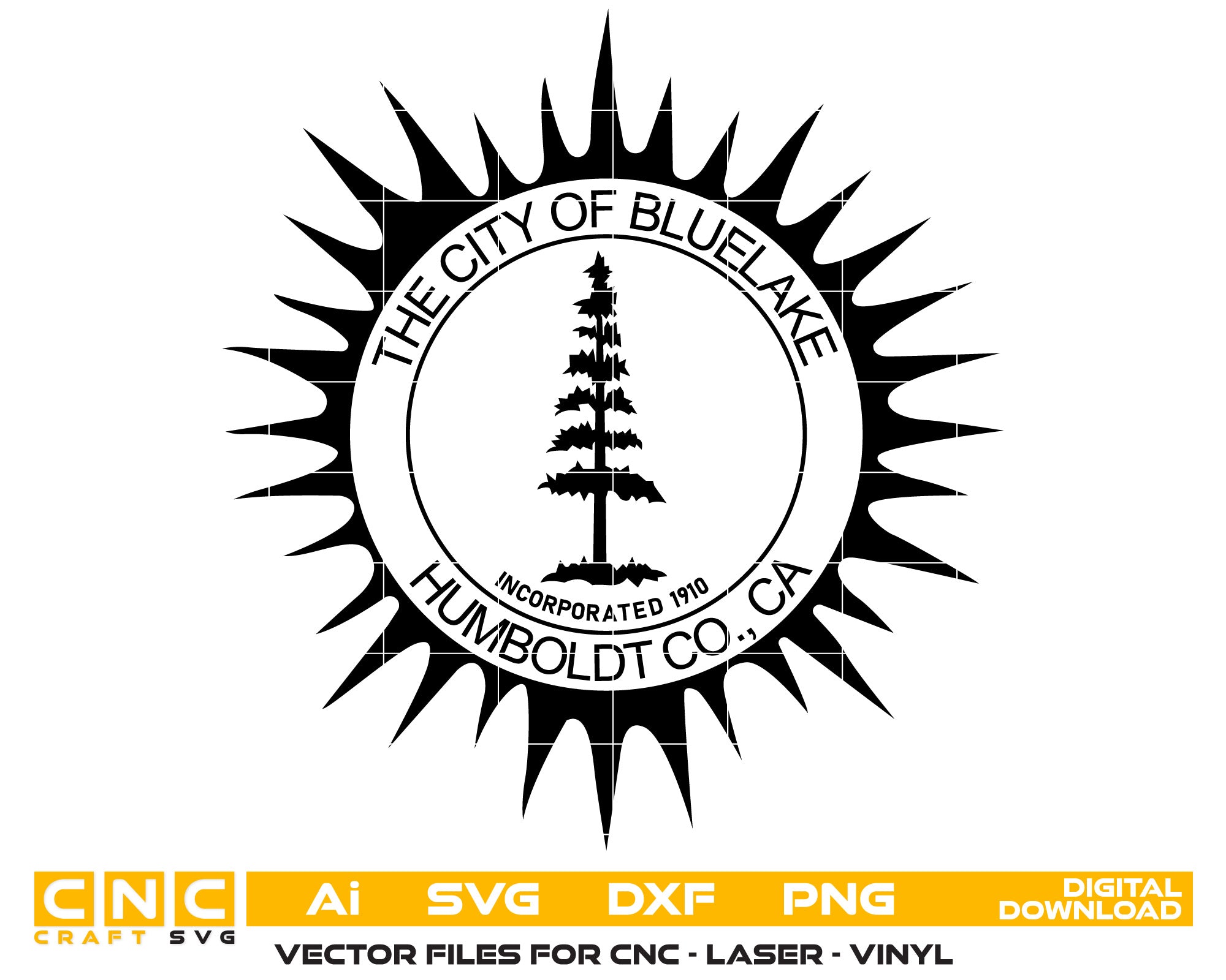 The City Of Bluelake Humboldt Co Logo Vector art Svg, Dxf, Jpg, Png, and Ai files For laser engraving, woodworking, acrylic painting, and all printing machines.