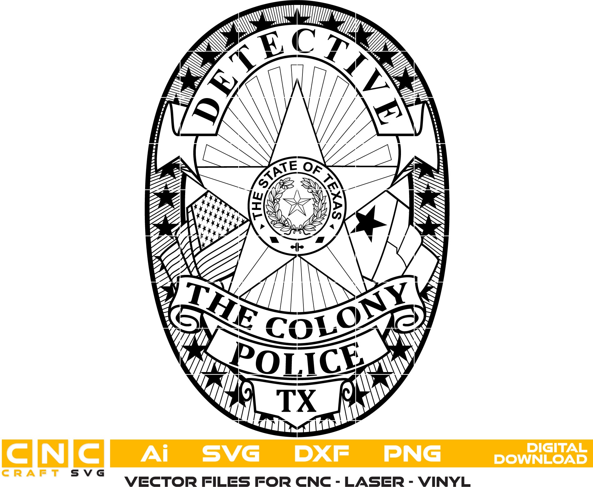 Colony Police Detective Badge, Police Badge Vector Art AI, SVG, DXF, PNG File for Laser engraving, woodworking, acrylic painting, glass etching, and all printing machines.