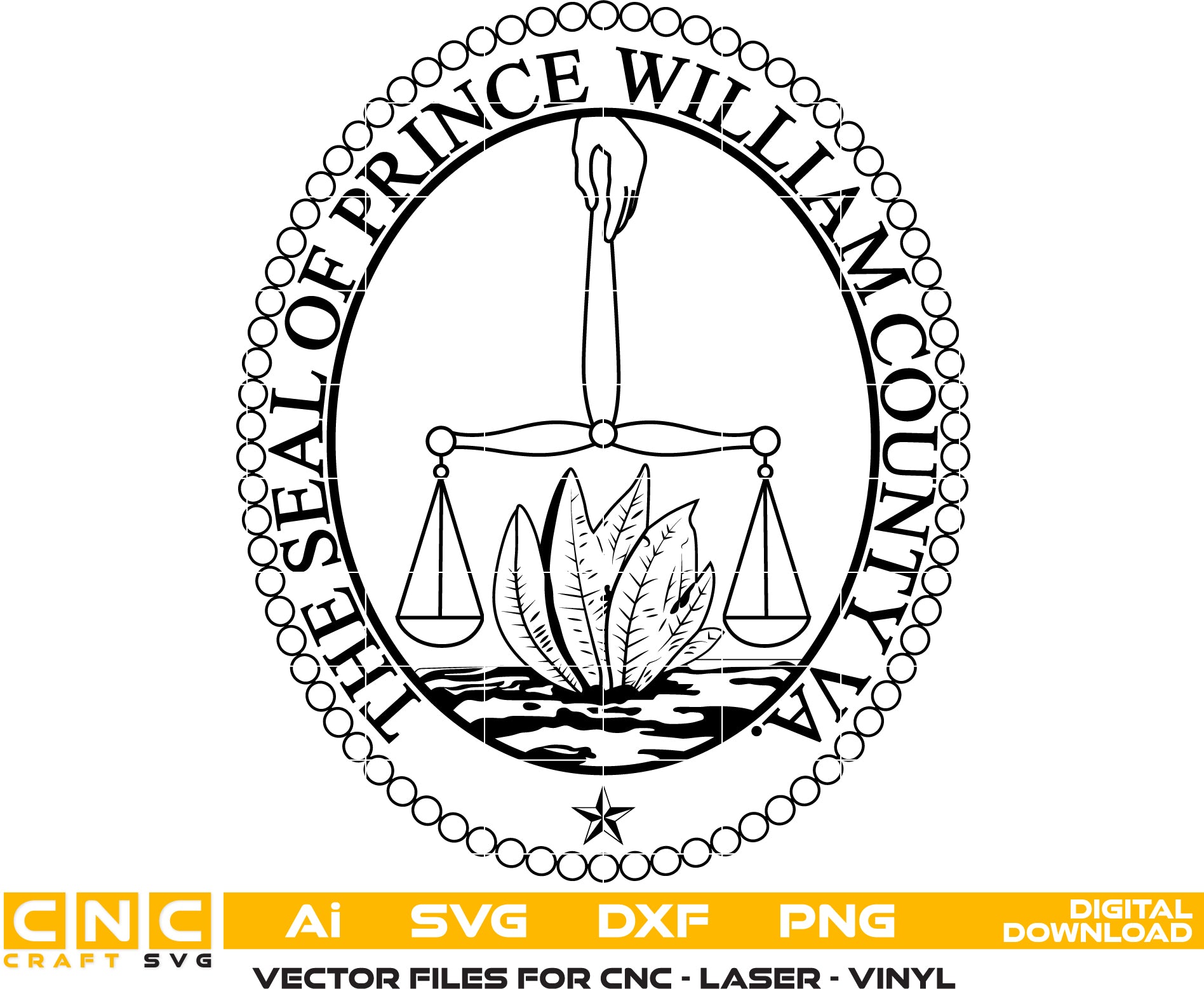 The Seal Of Prince William County Va. Vector art Svg/ Dxf/ Jpg/ Png/ and Ai files For laser engraving/ woodworking/ acrylic painting and all printing machines.