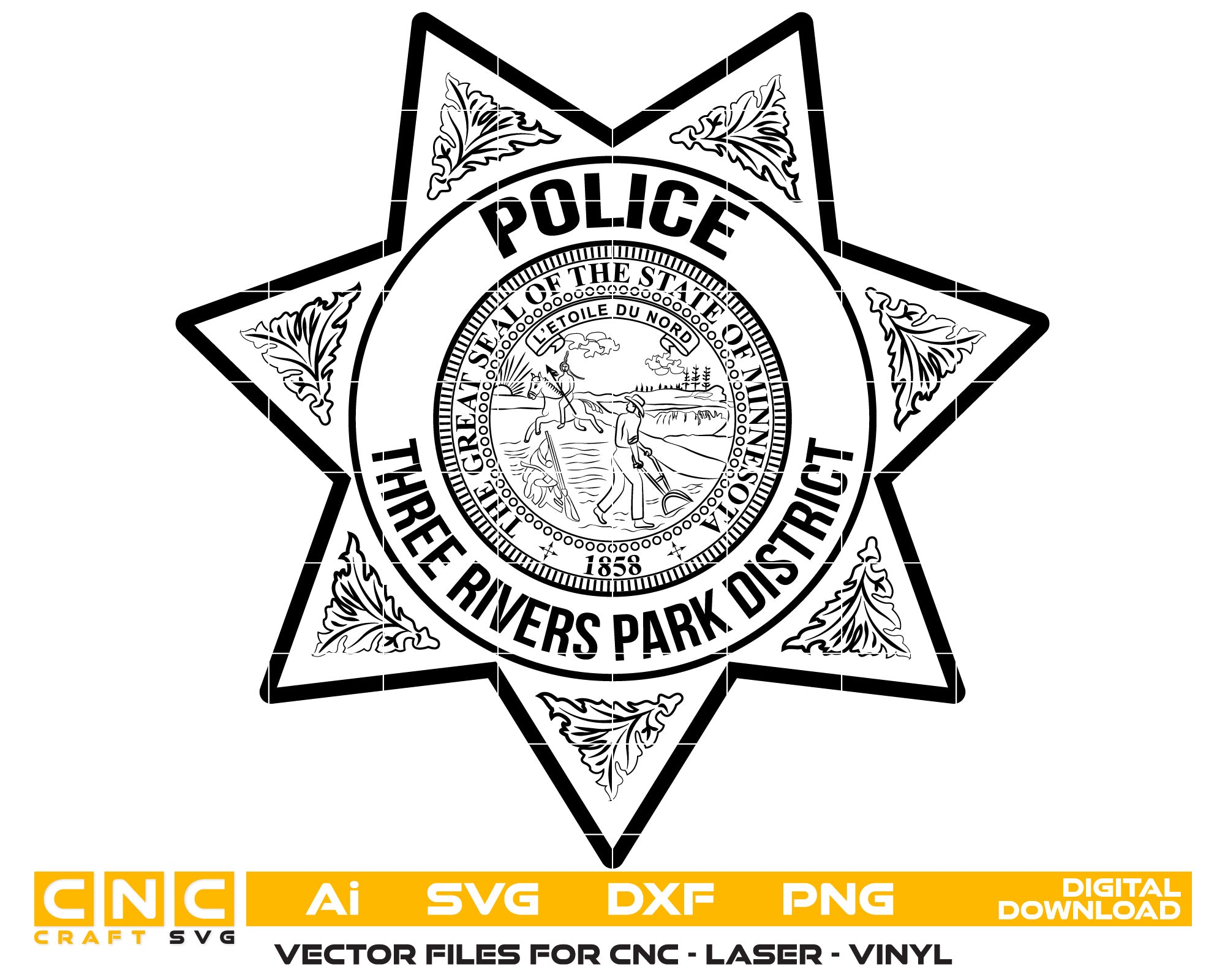 Three Rivers Park District Police Badge Vector Art, Ai,SVG, DXF, PNG, Digital Files