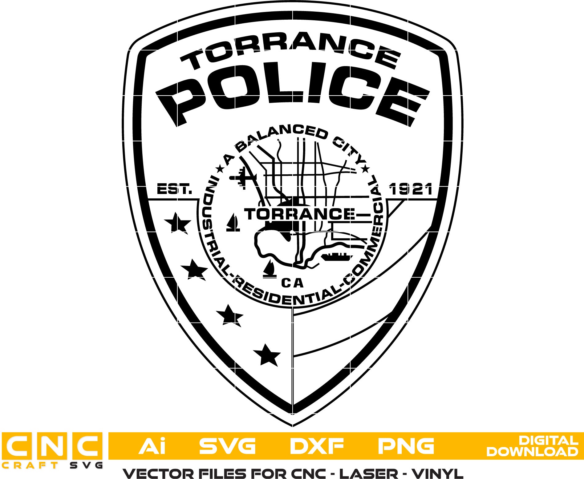 Torrance Police Badge Vector art Svg, Dxf, Jpg, Png, and Ai files For laser engraving, woodworking, acrylic painting, and all printing machines.