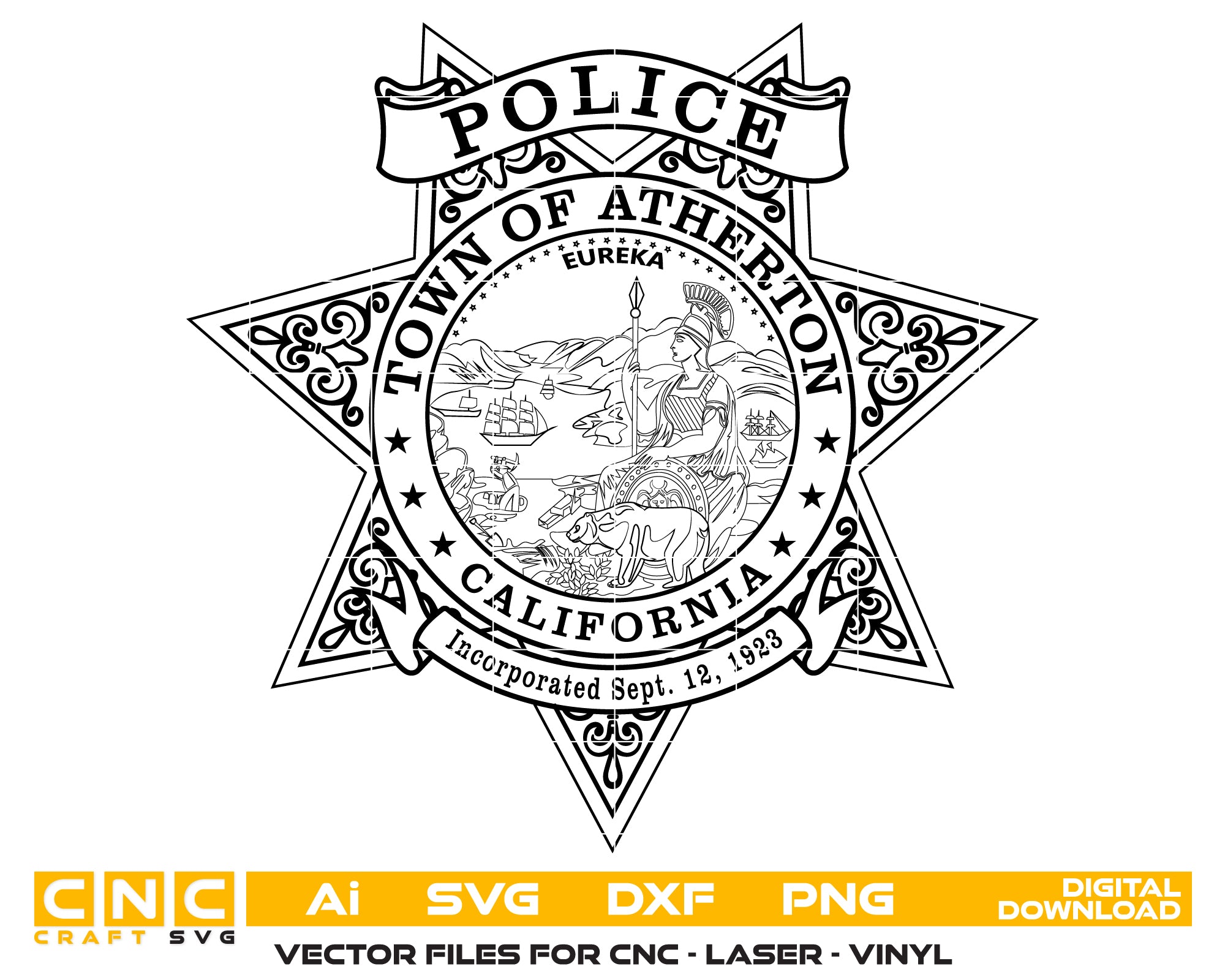 Town of Atherton Police Department Badge SVG, California Police Badge Vector, Atherton Police Badge, Law Enforcement Badge SVG, Police Department Badge Vector