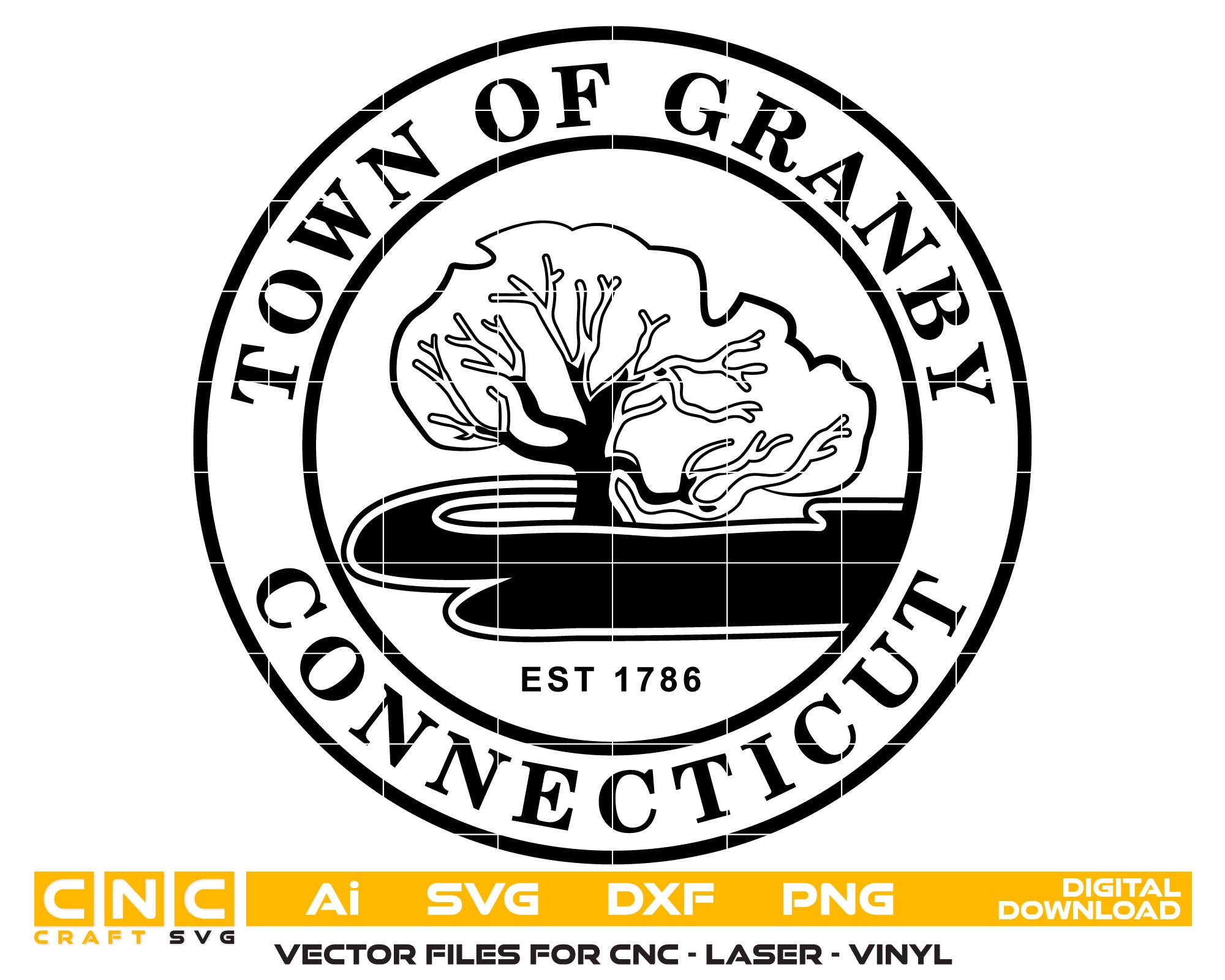 Town of Granby Seal SVG digital download, Connecticut municipal emblem vector design for Cricut, engraving, and heritage craft use.