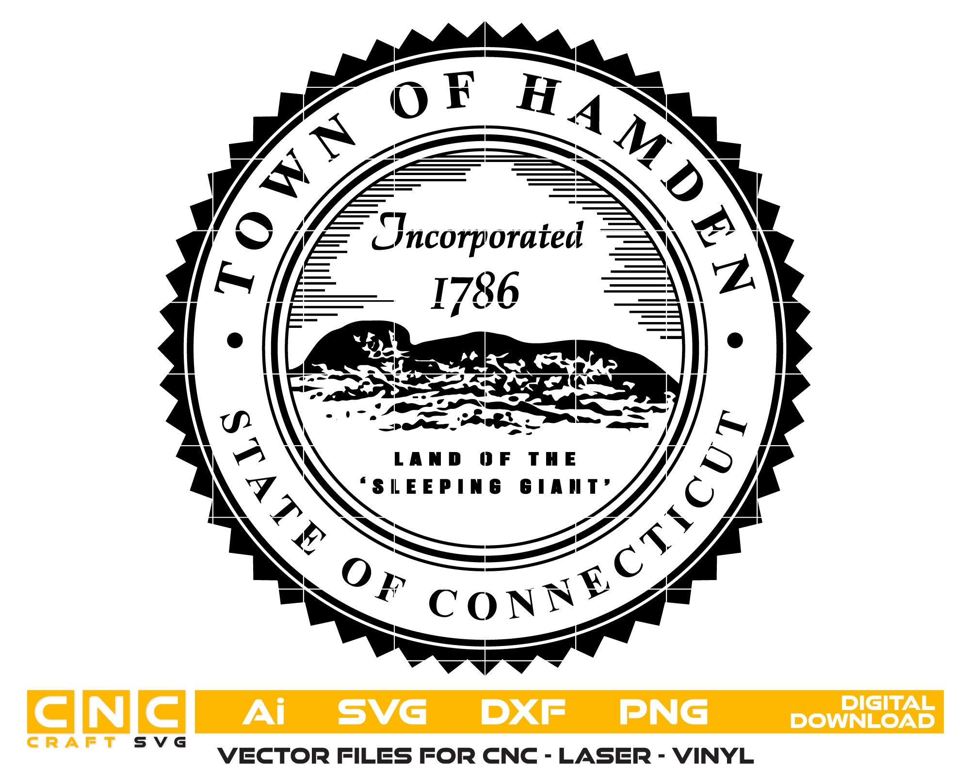 Town of Hamden Seal SVG digital download, Connecticut municipal emblem vector design for Cricut, Silhouette, engraving, and historical craft projects.