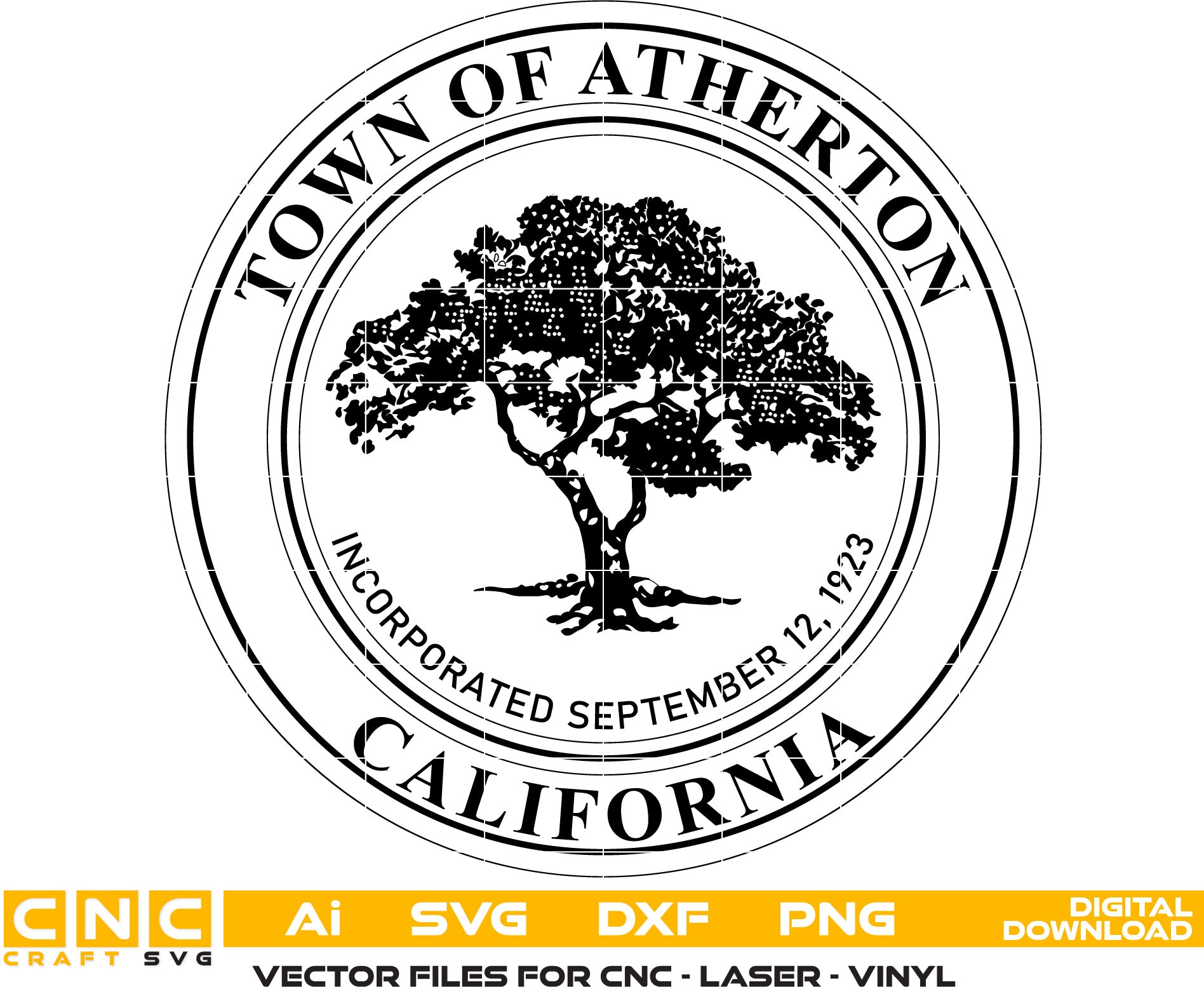 Town of Atherton Seal, California SealVector art Svg, Dxf, Jpg, Png, and Ai files For laser engraving, woodworking, acrylic painting, and all printing machines.