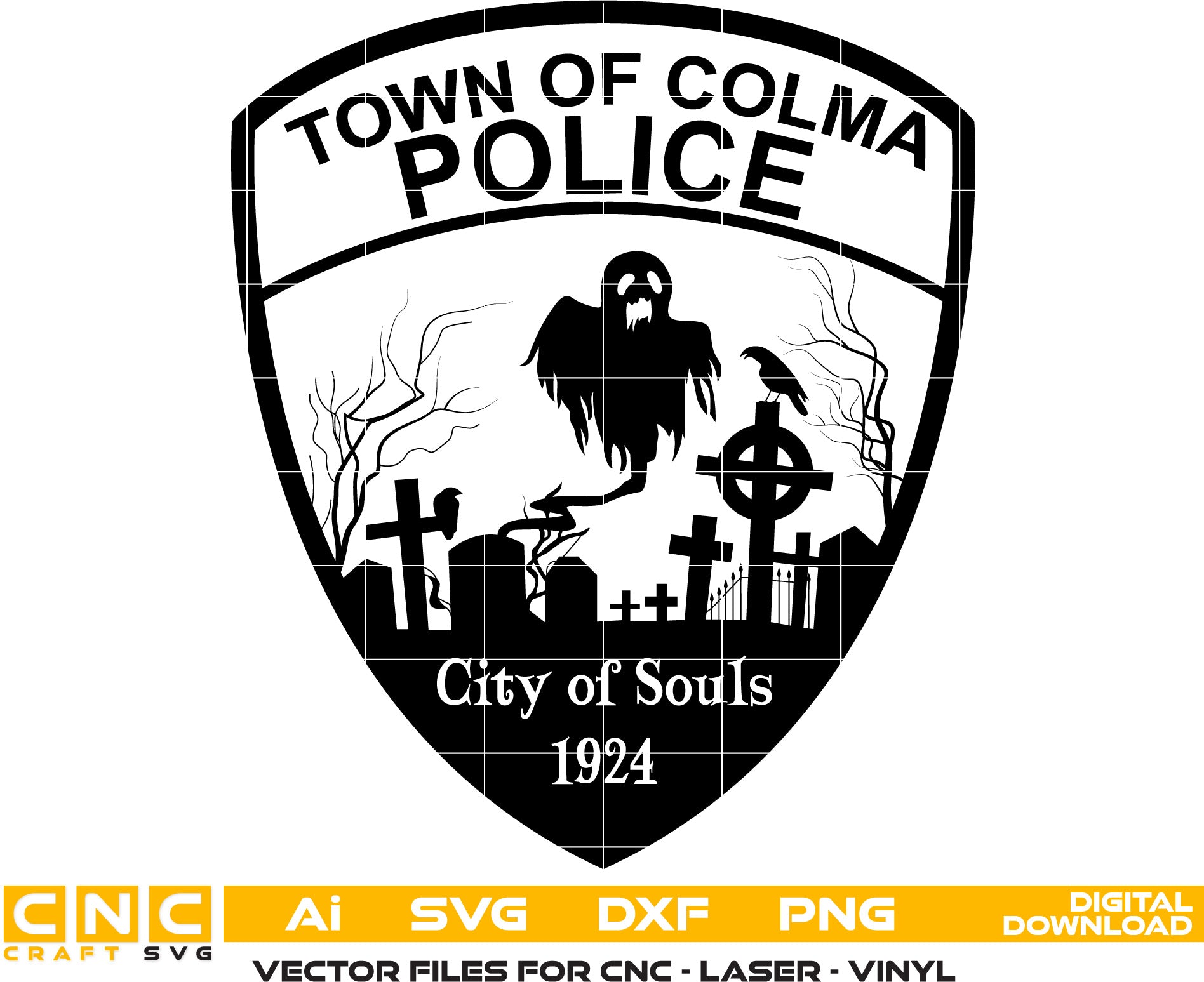 Town of Colma Police Logo Vector art Svg, Dxf, Jpg, Png and Ai files For laser engraving, woodworking, acrylic painting, and all printing machines.