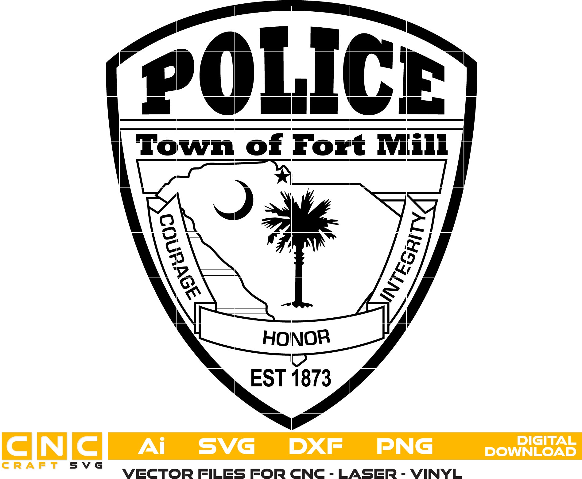 Town of Fort Mill Police Badge Vector art Svg, Dxf, Jpg, Png, and Ai files For laser engraving, woodworking, acrylic painting, and all printing machines.