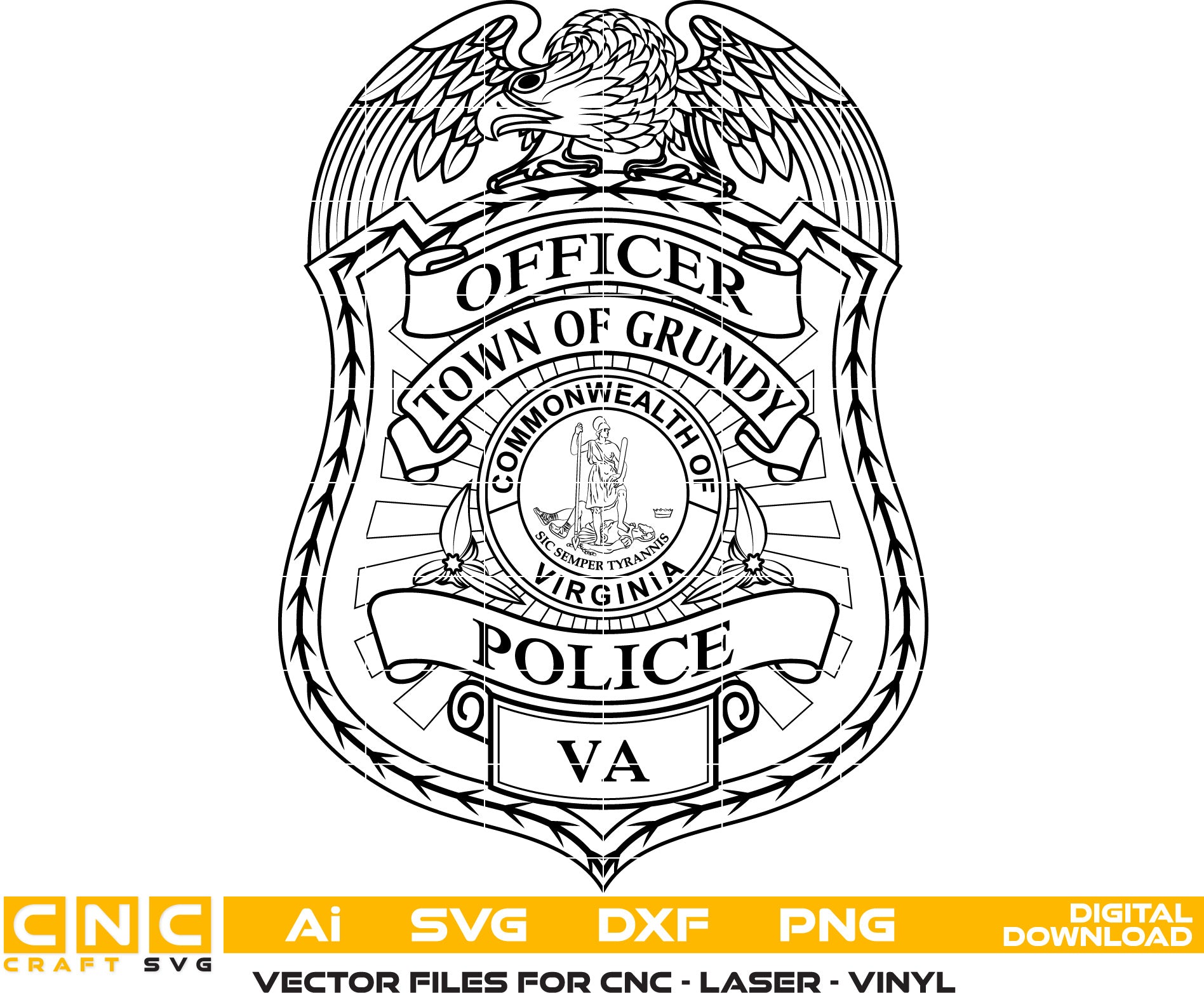 Town of Grundy Virginia Police Officer Badge Vector art Svg, Dxf, Jpg, Png and Ai files For laser engraving, woodworking, acrylic painting, and all printing machines.