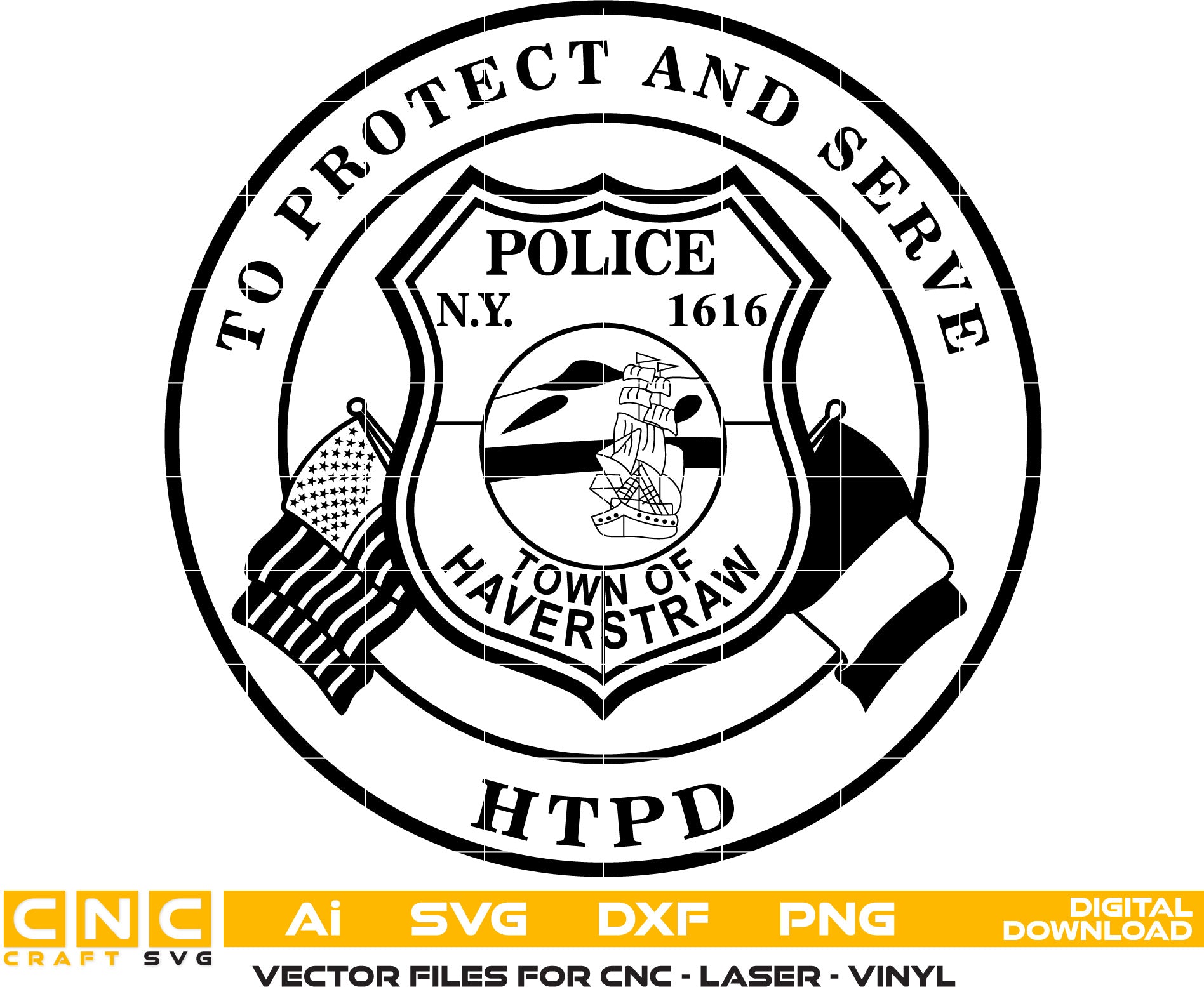 Town of Haverstraw Police Badge Vector art Svg, Dxf, Jpg, Png, and Ai files For laser engraving, woodworking, acrylic painting, and all printing machines.