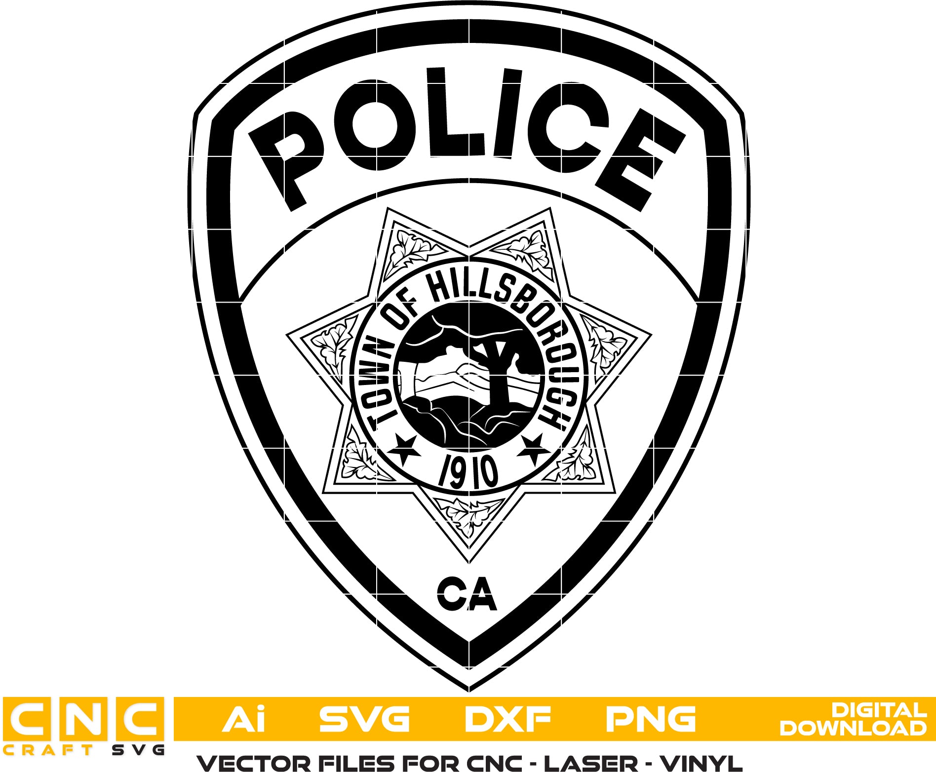 Town of Hillsborgugh Police Badge Vector art Svg/ Dxf/ Jpg/ Png/ and Ai files For laser engraving/ woodworking/ acrylic painting and all printing machines.