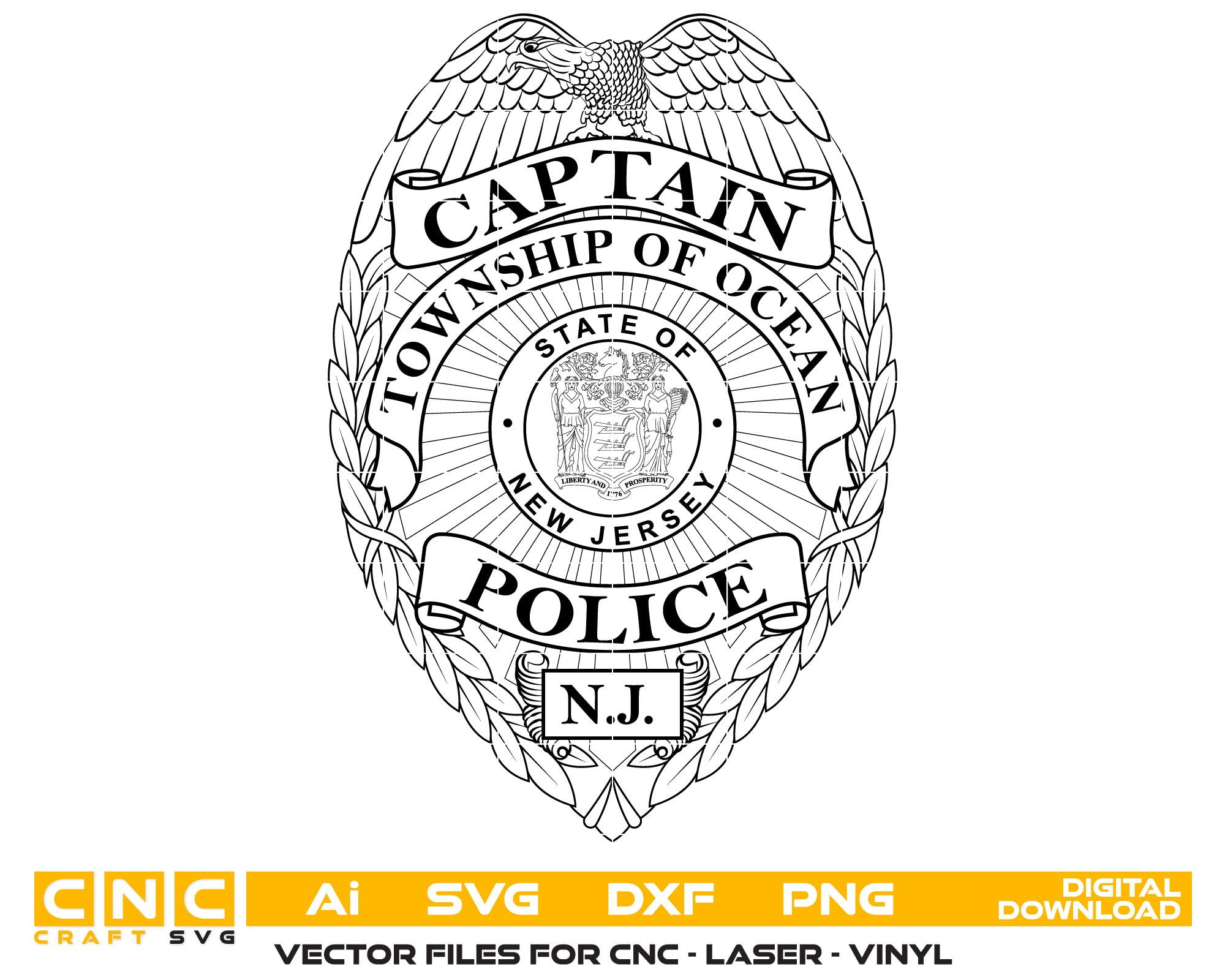 Township of Ocean NJ Police Captain Badge SVG digital download, New Jersey police captain emblem vector design for Cricut, Silhouette, CNC, engraving, and law enforcement crafts.