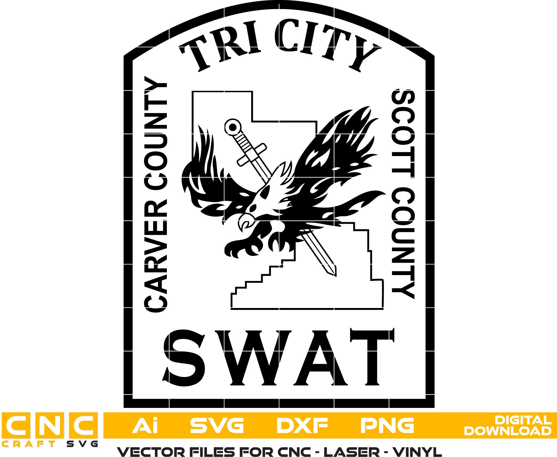 Tri City Swat Badge Vector Art Digital File Vector art Svg, Dxf, Jpg, Png, and Ai files For laser engraving, woodworking, acrylic painting, and all printing machines.