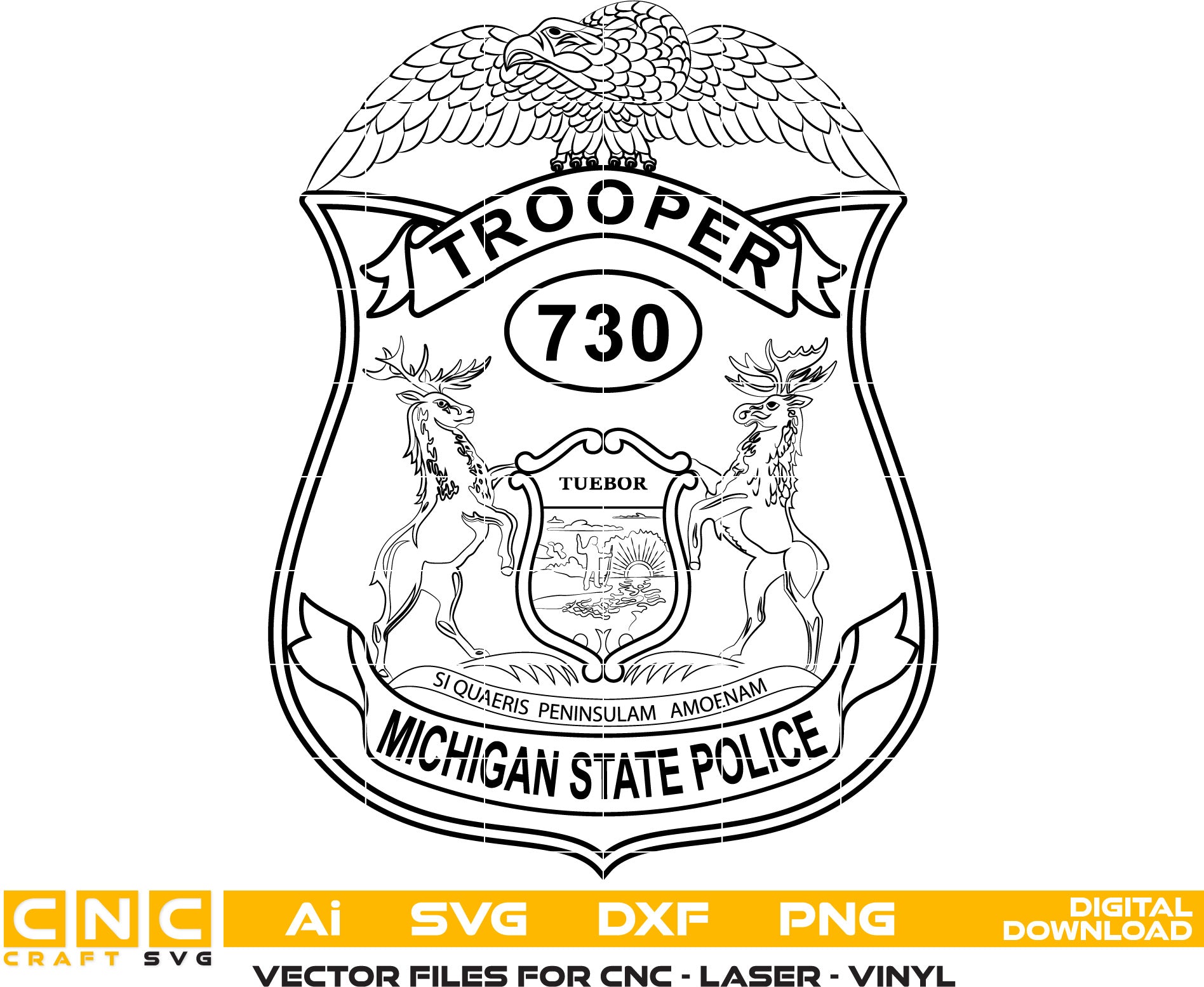 Michigan State Police Trooper Badge Vector art Svg, Dxf, Jpg, Png and Ai files For laser engraving, woodworking, acrylic painting, and all printing machines.