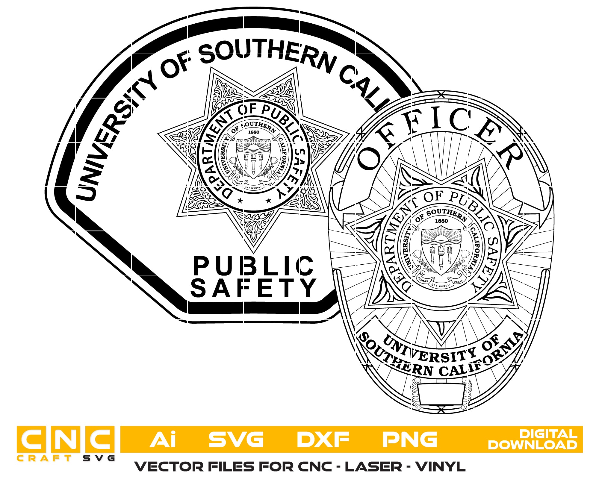 USC Department of Public Safety Badge SVG digital download, university police emblem vector design for Cricut, Silhouette, CNC, engraving, and law enforcement crafts.
