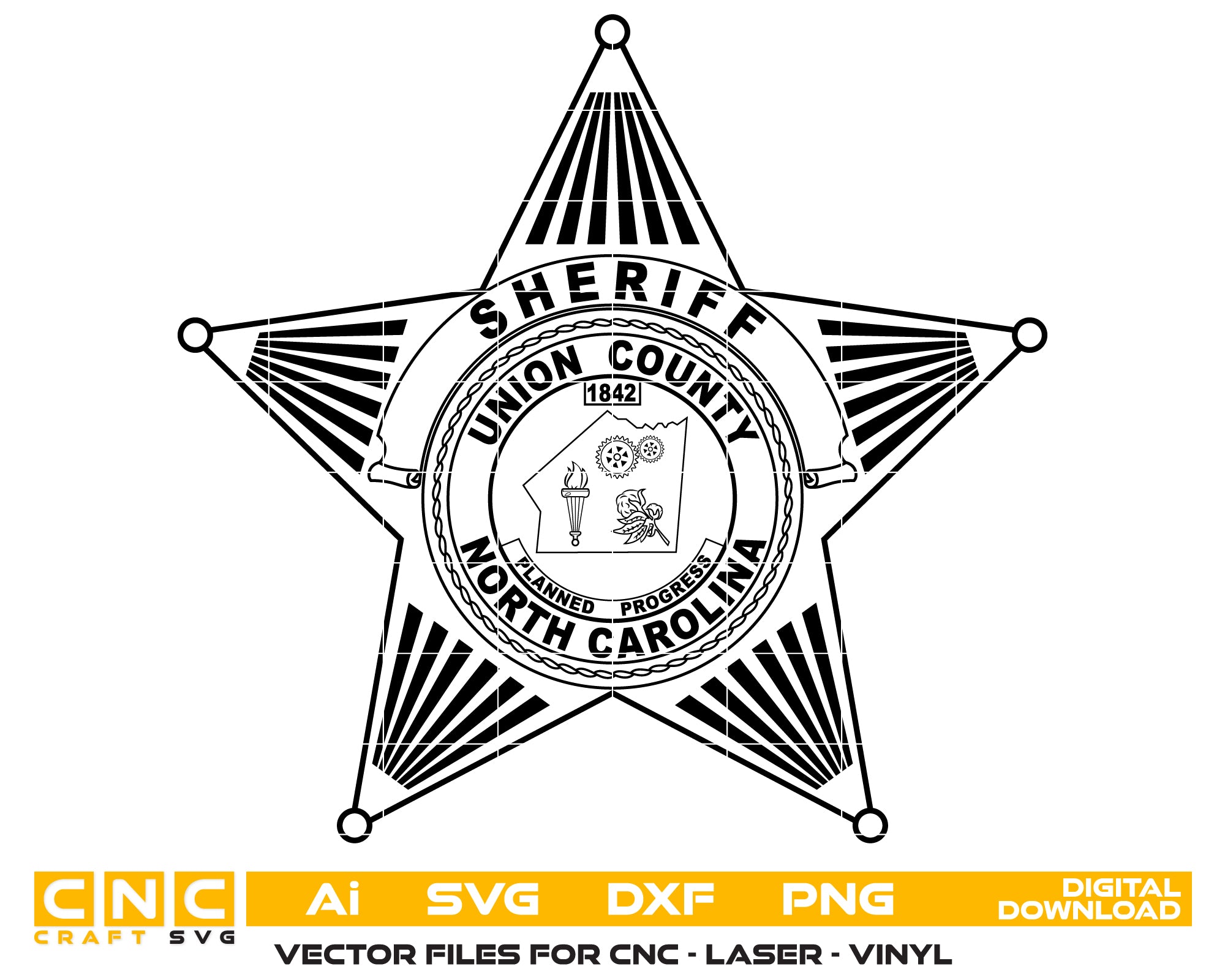 Union County NC Sheriff Badge SVG digital download, North Carolina sheriff emblem vector design for Cricut, Silhouette, CNC, engraving, and law enforcement crafts.