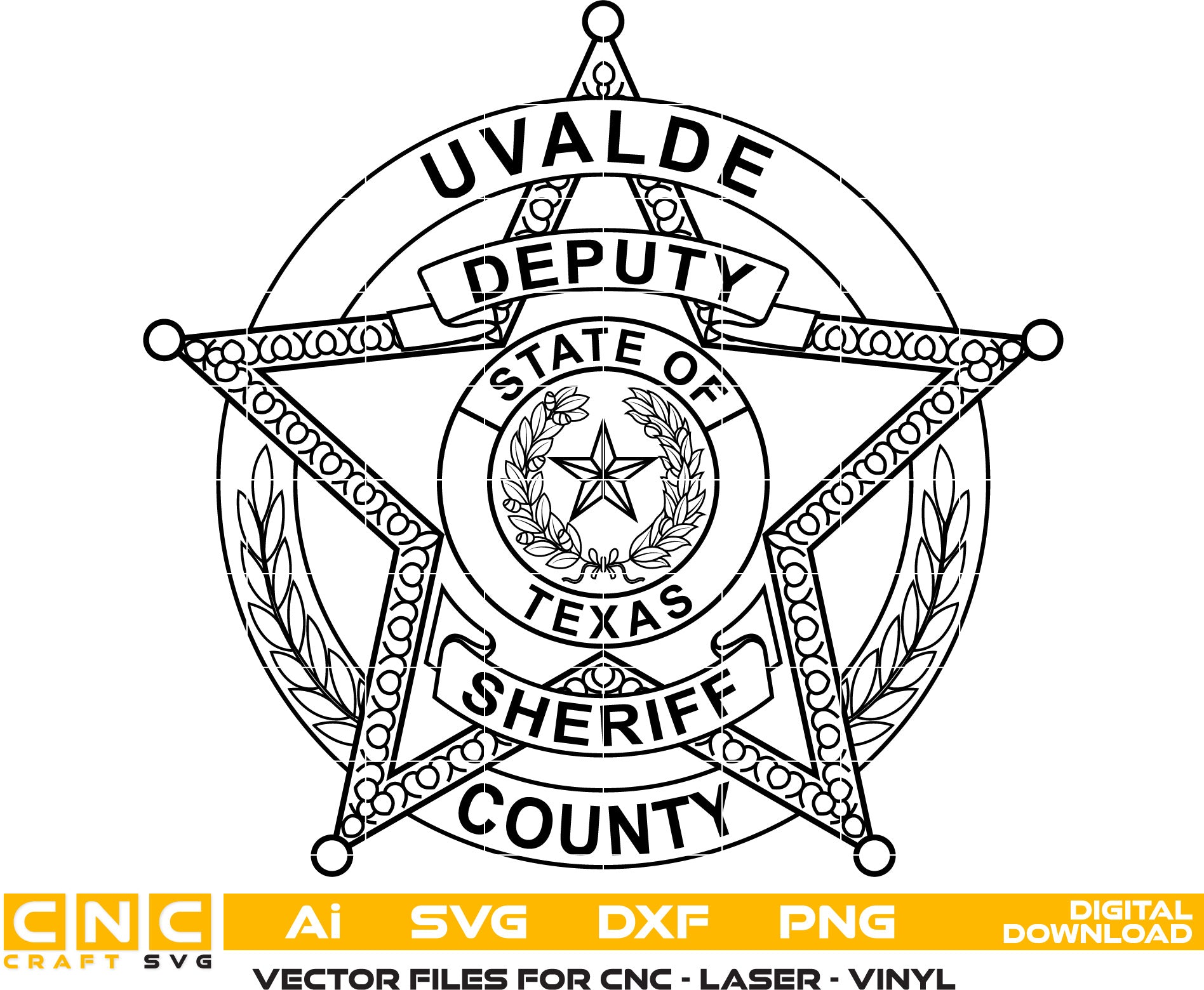 Uvalde County Sheriff, Texas Sheriff Badge Vector art Svg, Dxf, Jpg, Png and Ai files For laser engraving, woodworking, acrylic painting, and all printing machines.