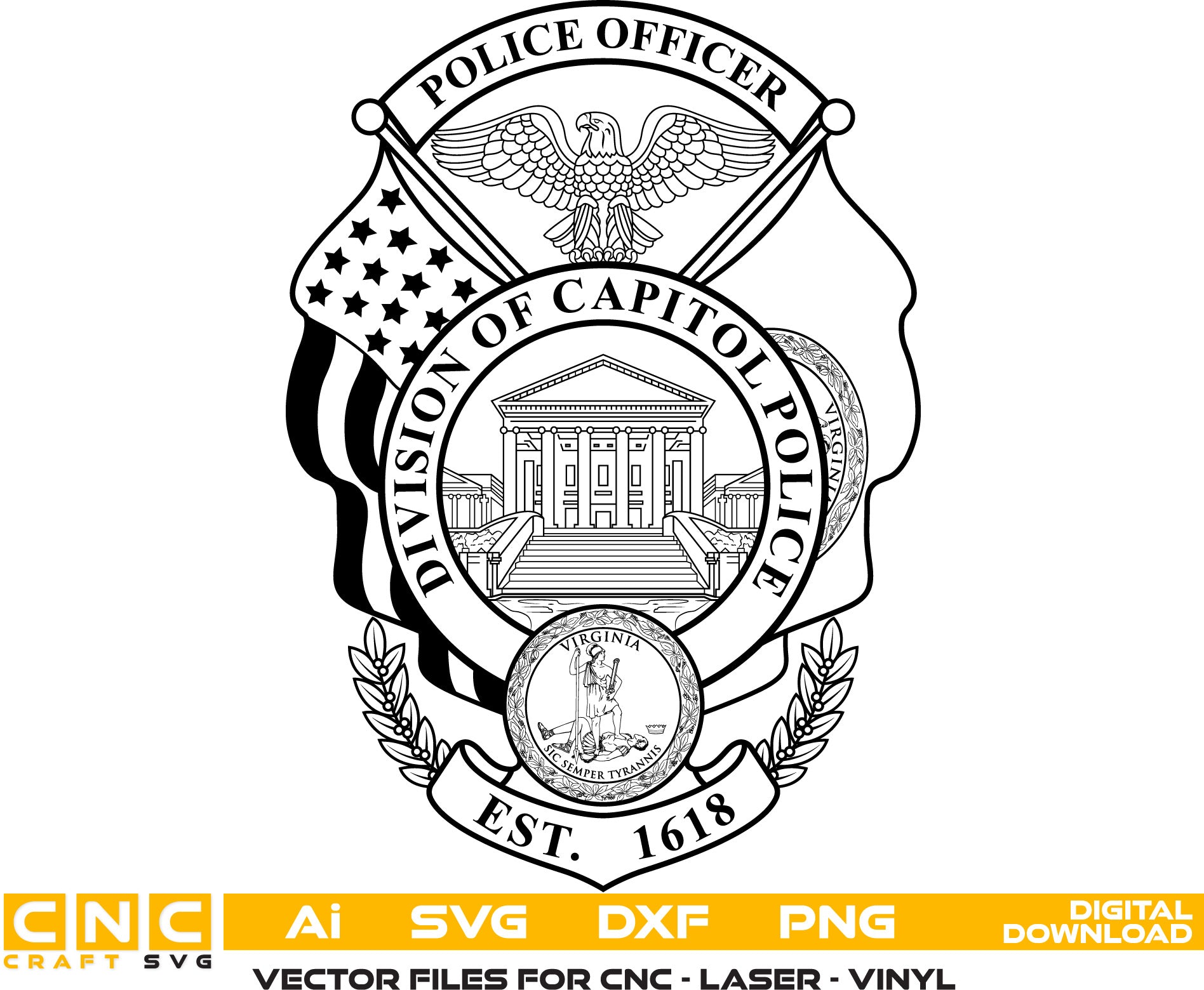 Virginia Division of Capitol Police Officer Badge Vector art Svg, Dxf, Jpg, Png and Ai files For laser engraving, woodworking, acrylic painting, and all printing machines.