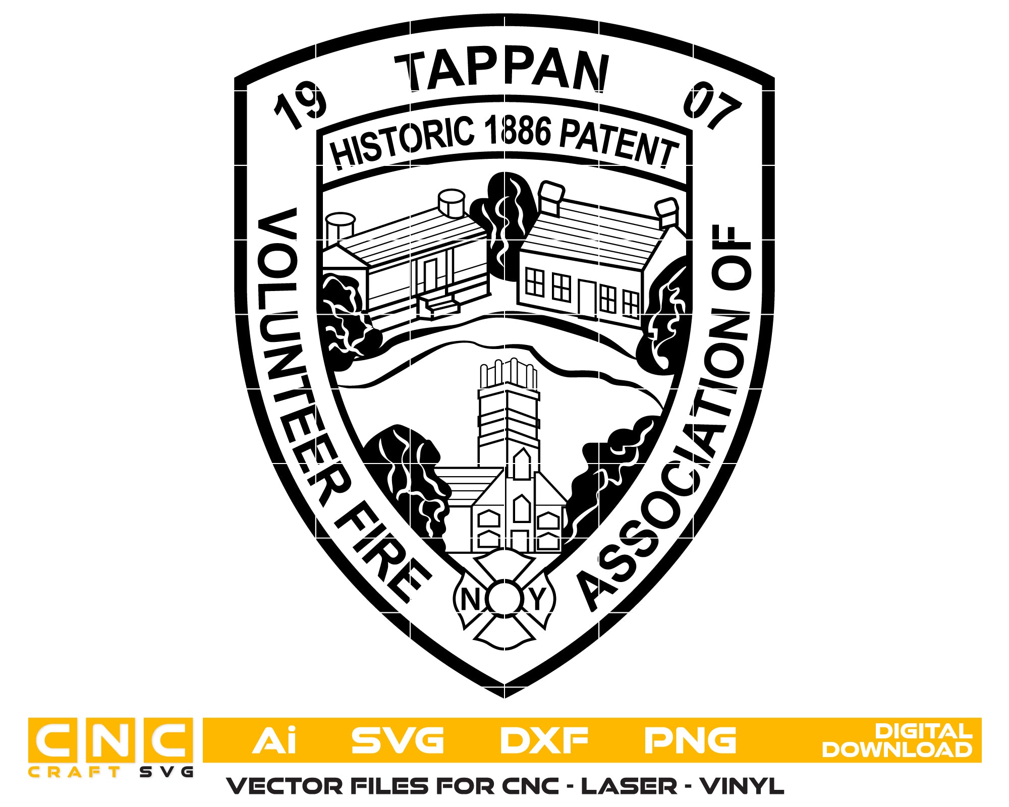 Volunteer Fire Association of Tappan Patch SVG digital download, firefighter emblem vector design for Cricut, Silhouette, CNC, engraving, and fire service crafts.