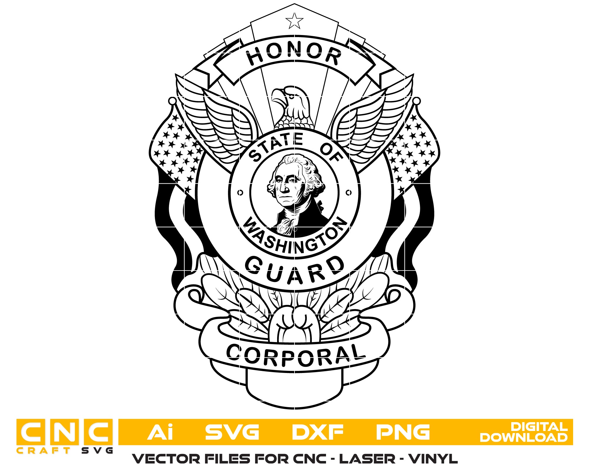 Washington Police Corporal Badge SVG digital download, police corporal emblem vector design for Cricut, Silhouette, CNC, engraving, and law enforcement crafts.