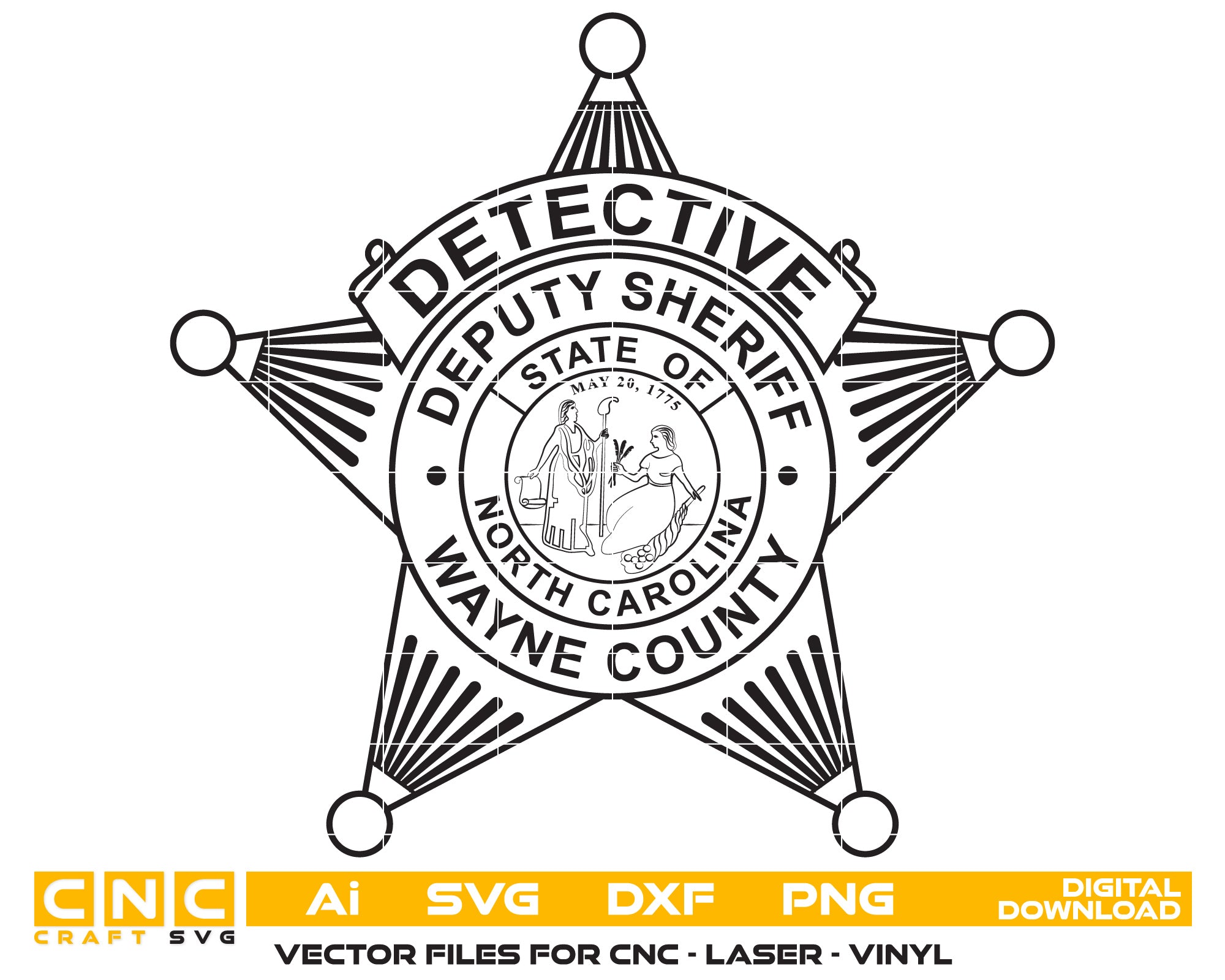 Wayne County Deputy Sheriff Detective Badge Vector Art, Ai,SVG, DXF, PNG, Digital Files