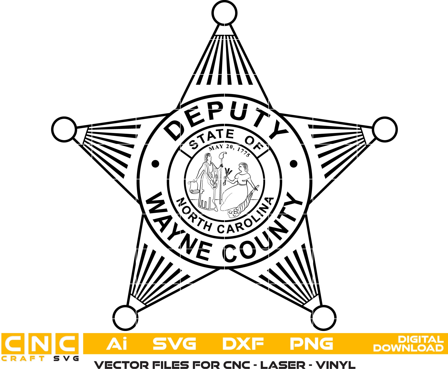 Wayne County Deputy, North Carolina Deputy Sheriff Badge Vector art For laser engraving, woodworking, acrylic painting, and all printing machines.