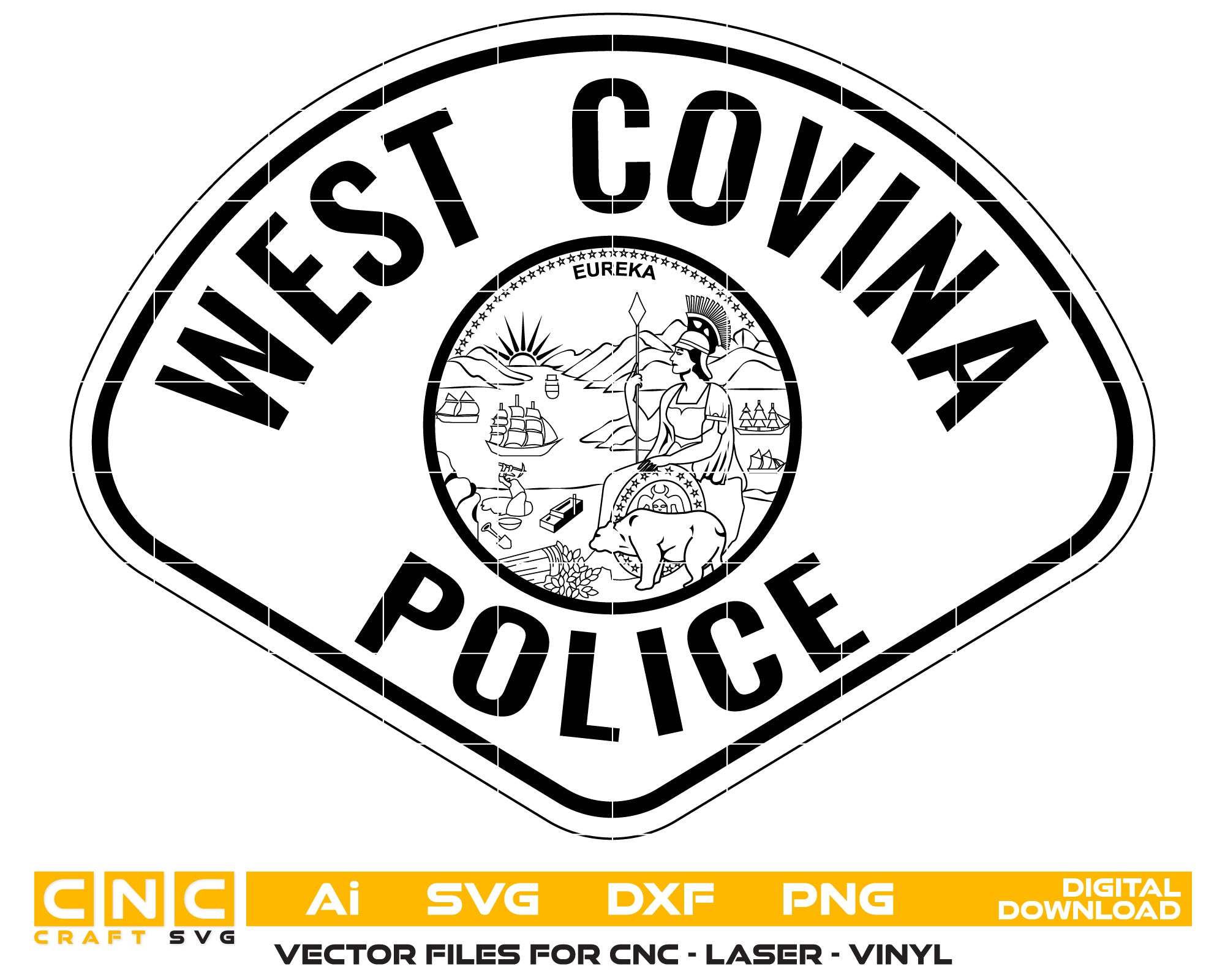 West Covina Police Department Patch SVG digital download, California police patch vector design for Cricut, Silhouette, CNC, engraving, and law enforcement crafts.