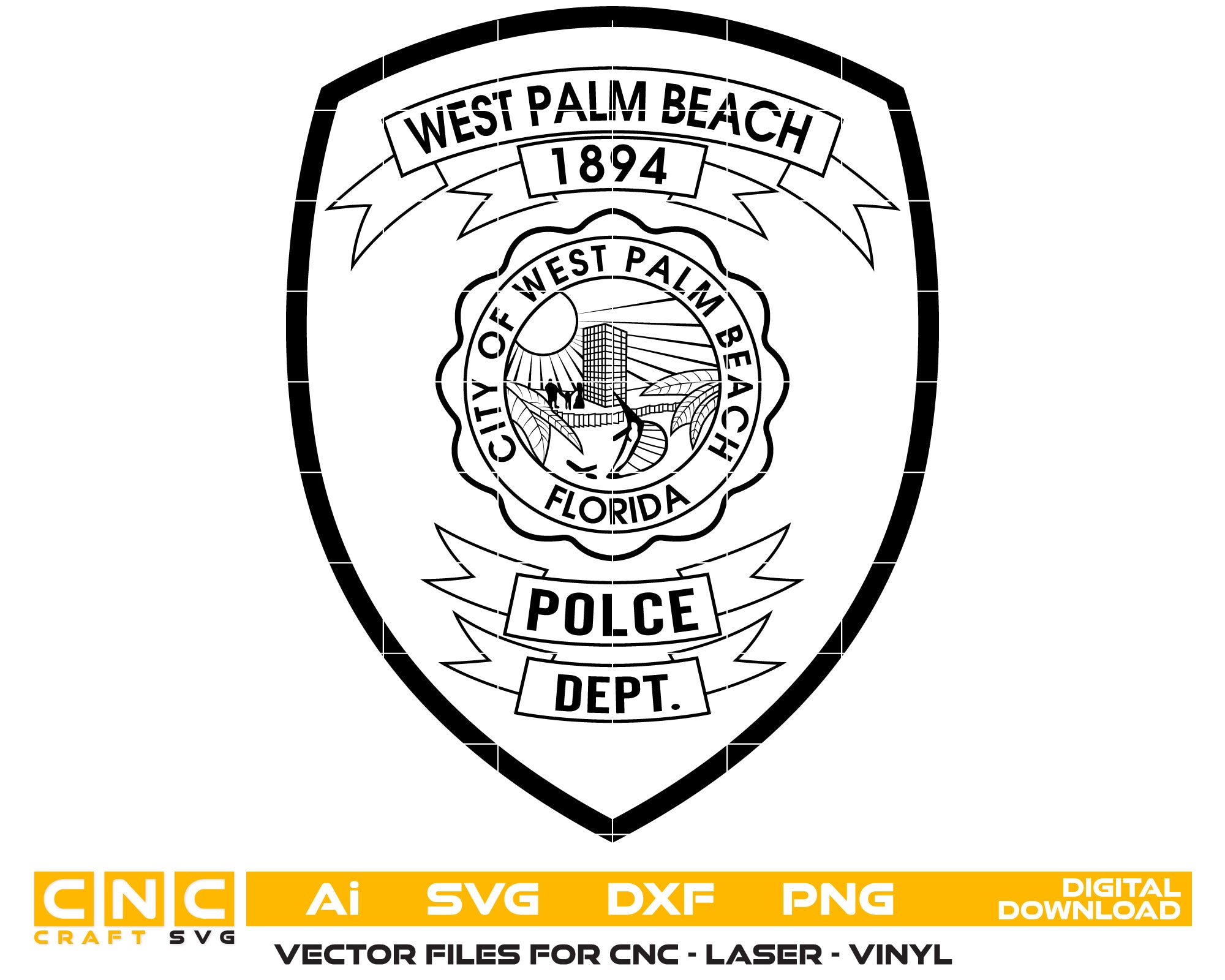 West Palm Beach Police Department Badge SVG digital download, Florida police badge vector design for Cricut, Silhouette, CNC, engraving, and law enforcement crafts.