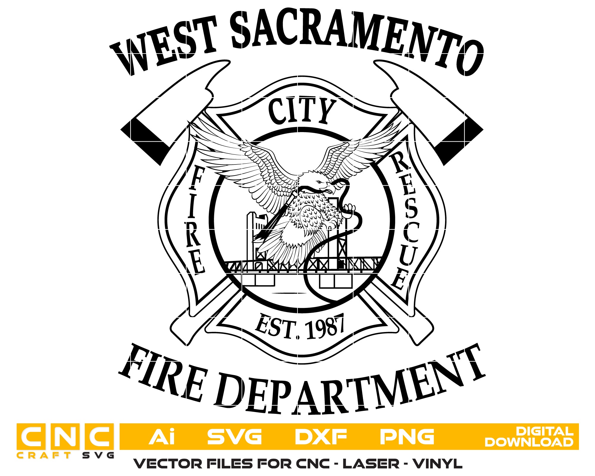West Sacramento Fire Department Badge SVG digital download, California firefighter emblem vector design for Cricut, Silhouette, CNC, engraving, and fire service crafts.