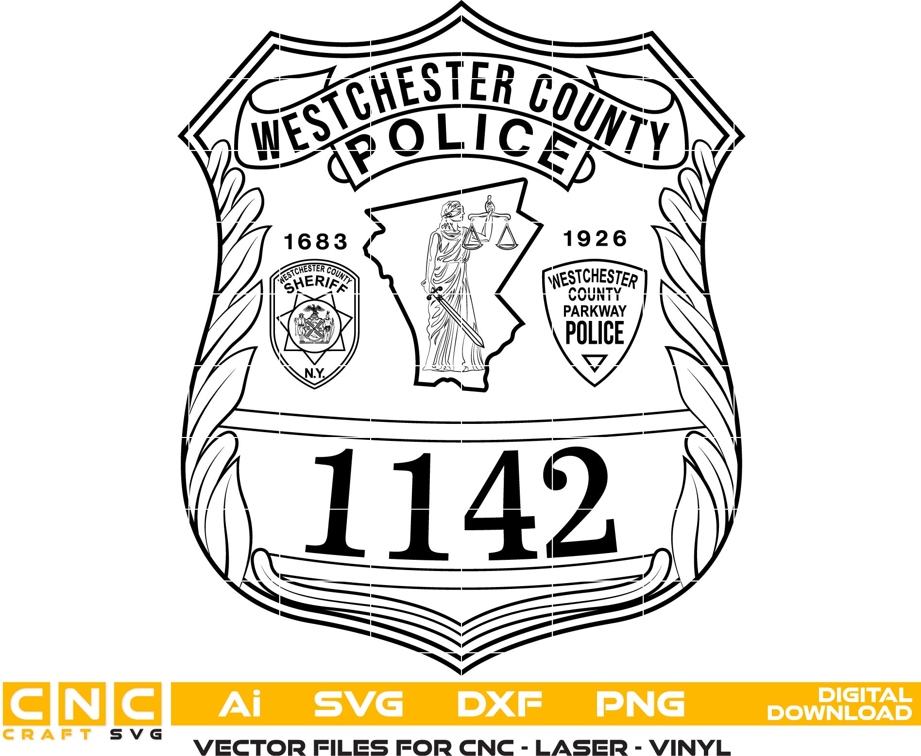 Westchester County Police Badge Vector art Svg, Dxf, Jpg, Png, and Ai files For laser engraving, woodworking, acrylic painting, and all printing machines.