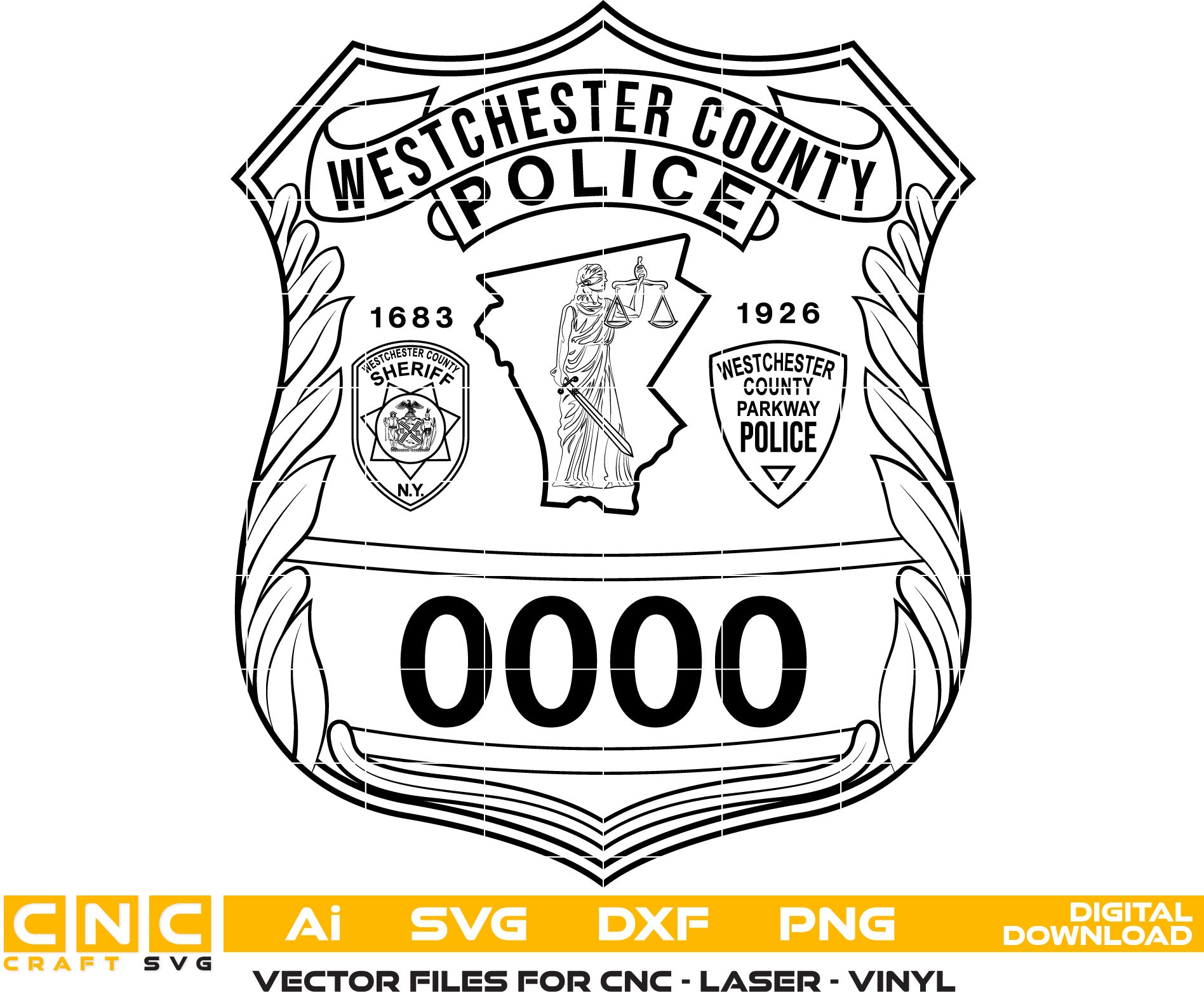 Westchester County Police Badge Vector art Svg, Dxf, Jpg, Png, and Ai files For laser engraving, woodworking, acrylic painting, and all printing machines.