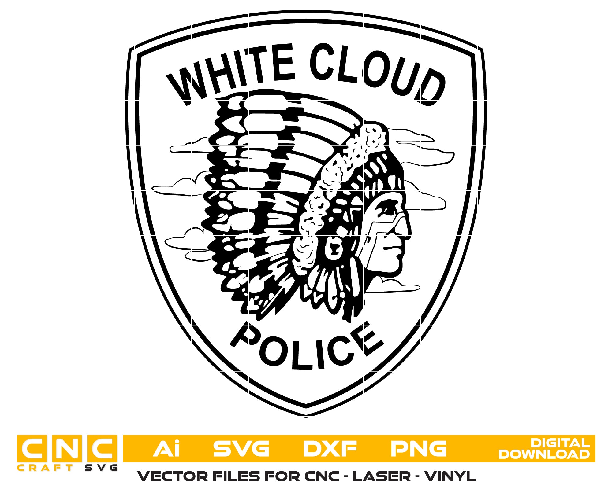 White Cloud Police Patch SVG digital download, law enforcement emblem vector design for Cricut, Silhouette, CNC, engraving, and police craft projects.