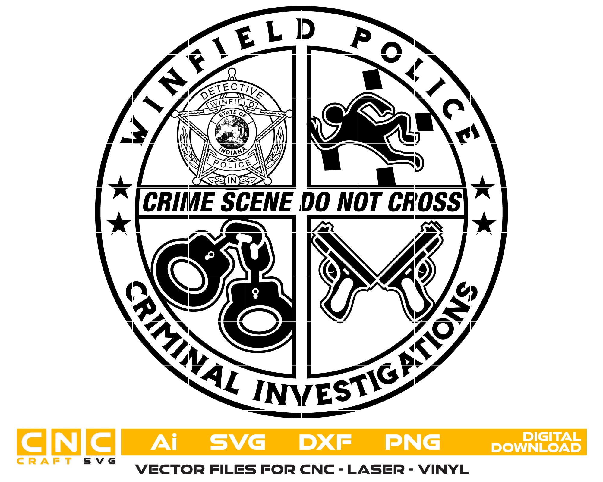 Winfield Police Criminal Investigations Coin SVG digital download, law enforcement challenge coin vector design for Cricut, Silhouette, CNC, engraving, and police craft projects.